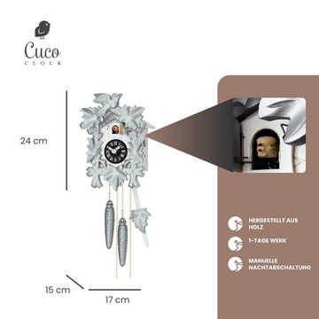 Cuco Clock Pendelwanduhr Kuckucksuhr Schwarzwalduhr "Silbervogel" Wanduhr aus Holz (15 x 17 x 24cm, 1 - Tage Werk, manuelle Nachtabschaltung)