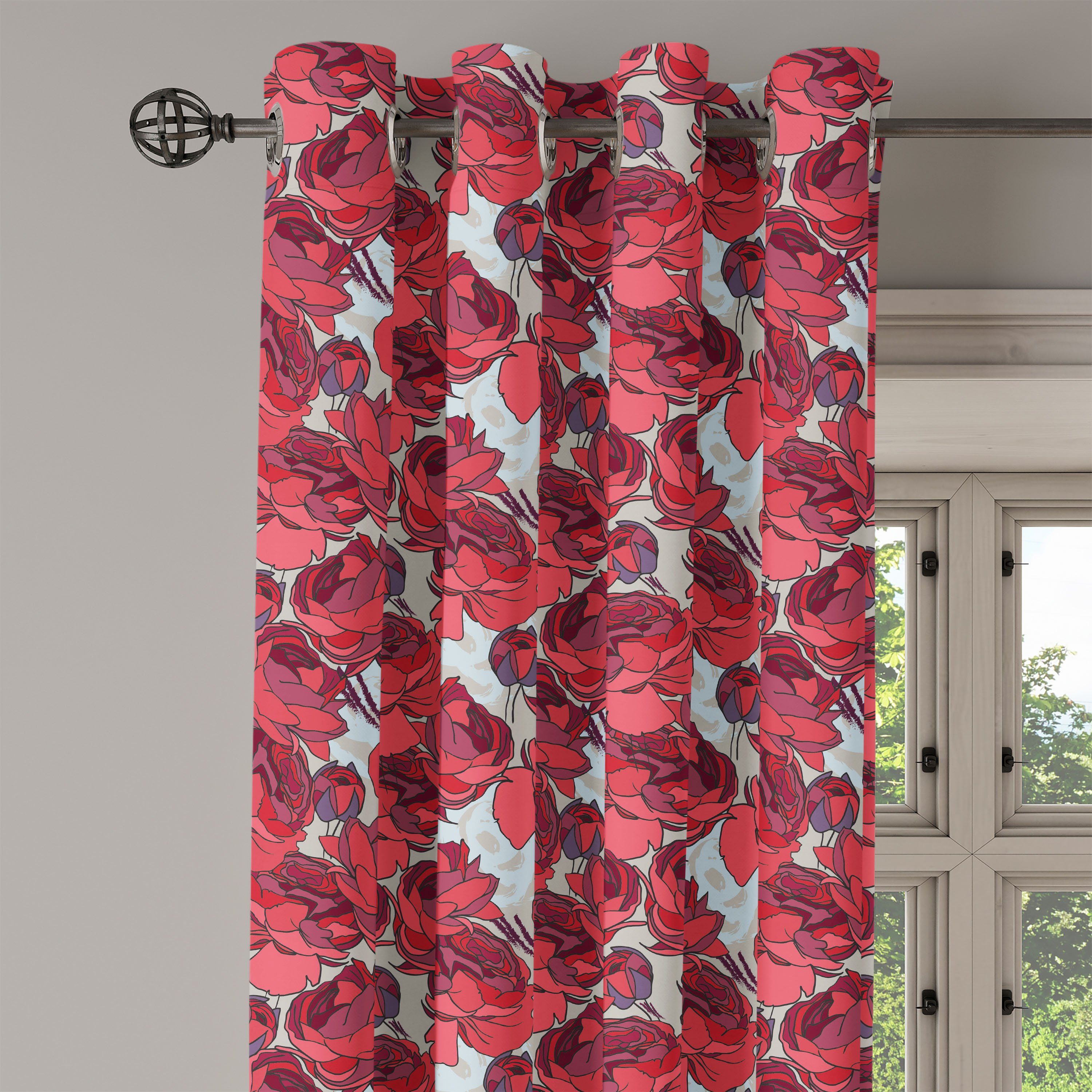Dekorative Gardine 2-Panel-Fenstervorhänge Wohnzimmer, Vibrierende Schlafzimmer Blumen Abakuhaus, für Rose-Blumenstrauß