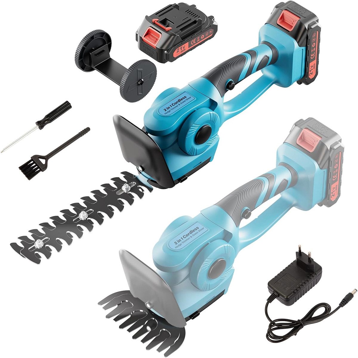 AeroAxis Akku-Heckenschere Elektrische Heckenschere,2-in-1 Funktion (Rasentrimmer & Heckenschere), (Set), Für Gras, ergonomische Form, Einschaltsperre und Akkuladewarnanzeige