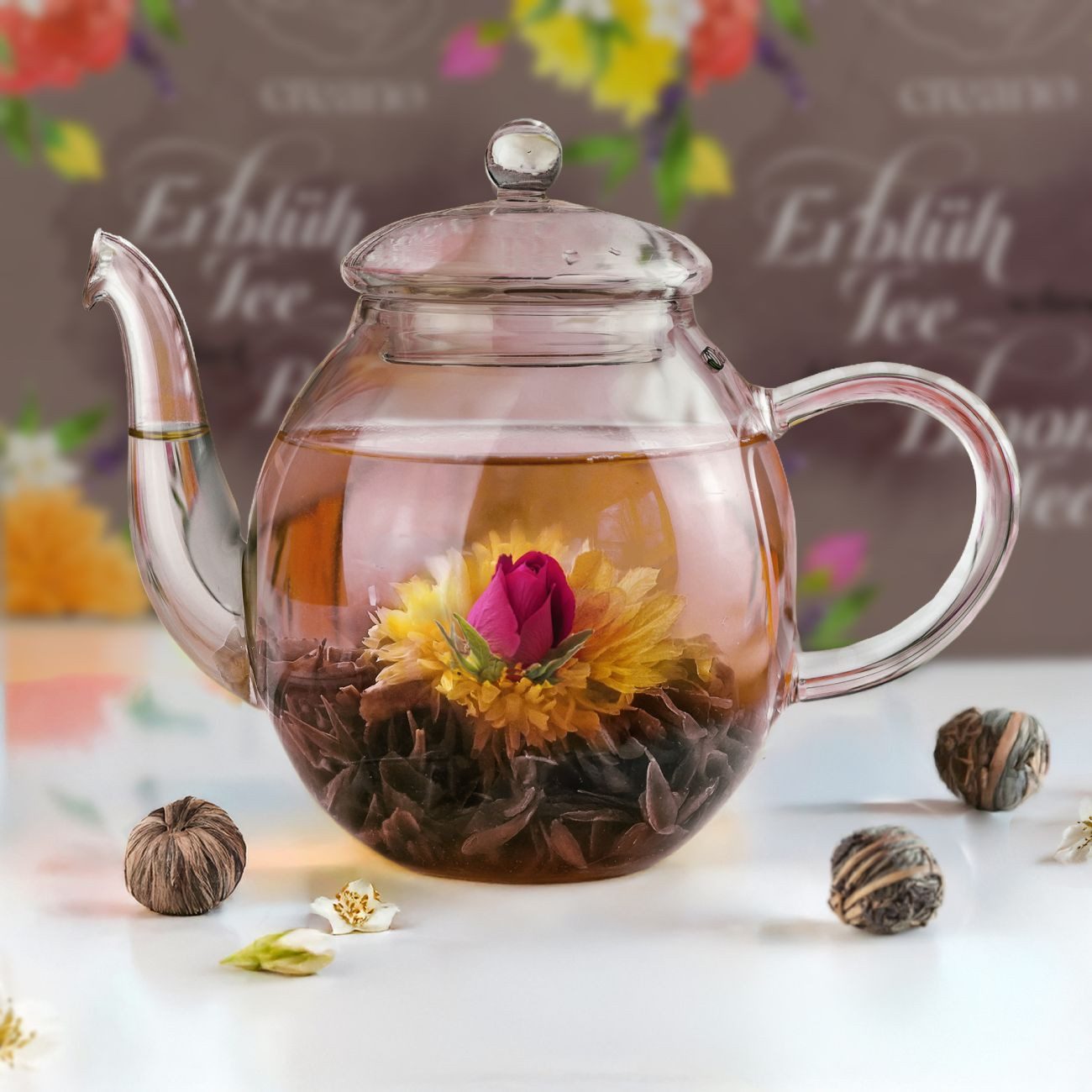 Creano Tee ErblühTee-Geschenkset mit Glaskanne, Schwarztee (6 Teerosen/3 Sorten), 1 x 6 St.
