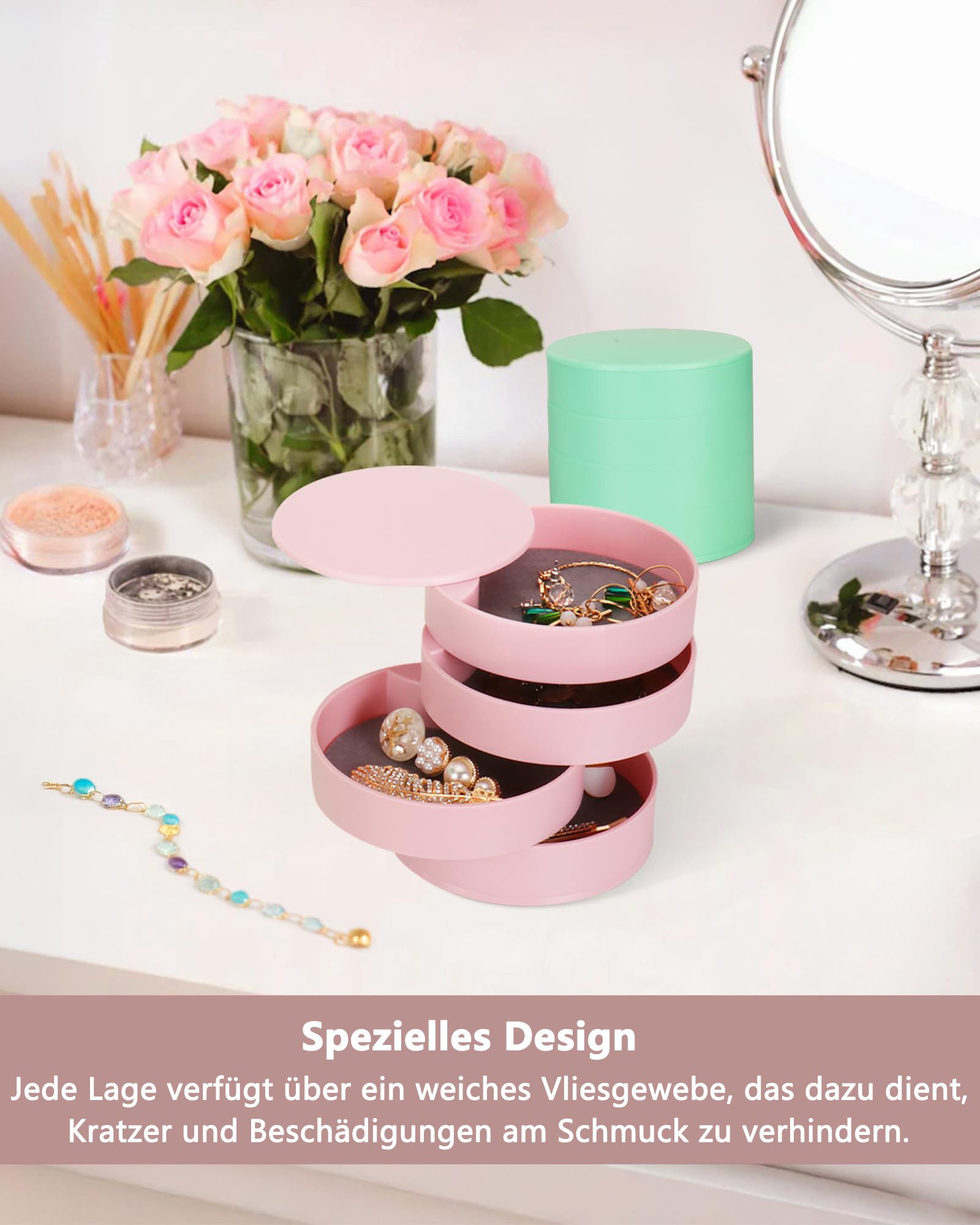 Diwzbyn Schmuckkasten Schmuckkästchen Mädchen Schmuckkasten Damen Schmuckschatulle, Schmucktabletts 4 Ebenen Drehbar Schmuckdose für Ring Ohrringe – Bild 2 von 5