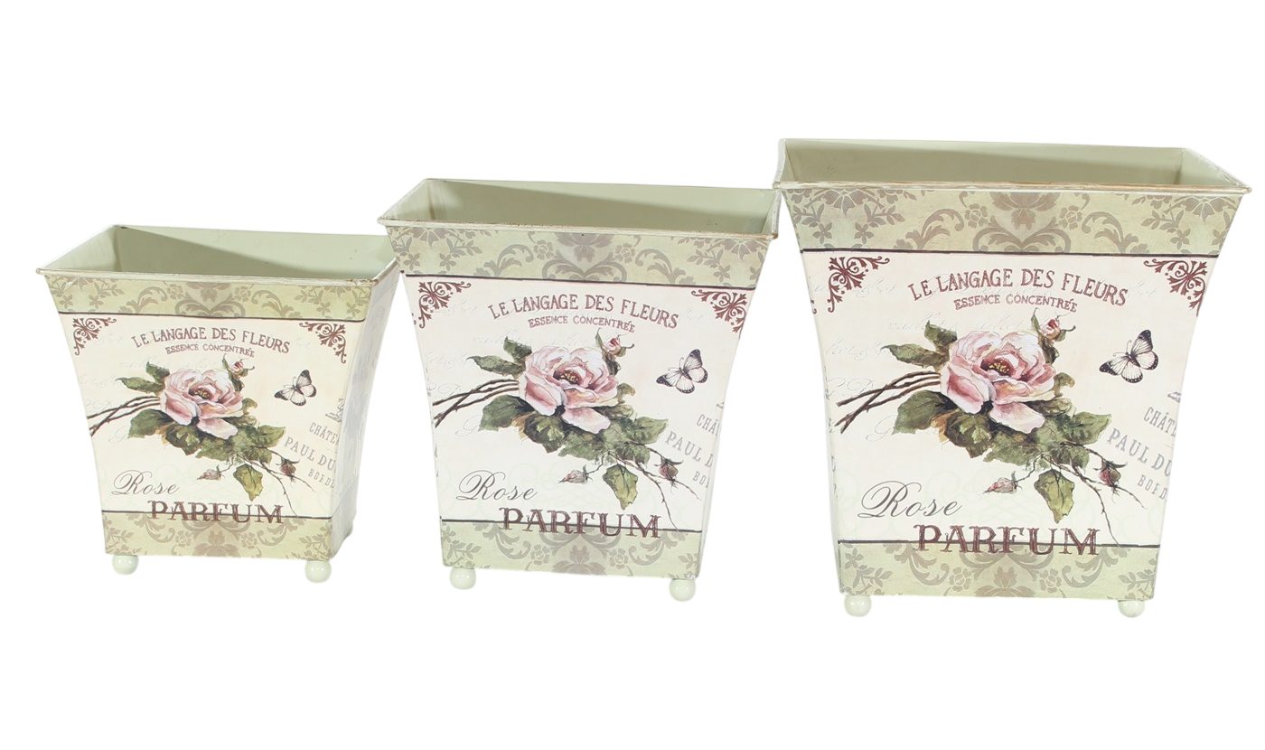 JS GartenDeko Übertopf Übertöpfe 3er-Set Rose Parfum Landhaus Provence Metall H 16,5–22 cm