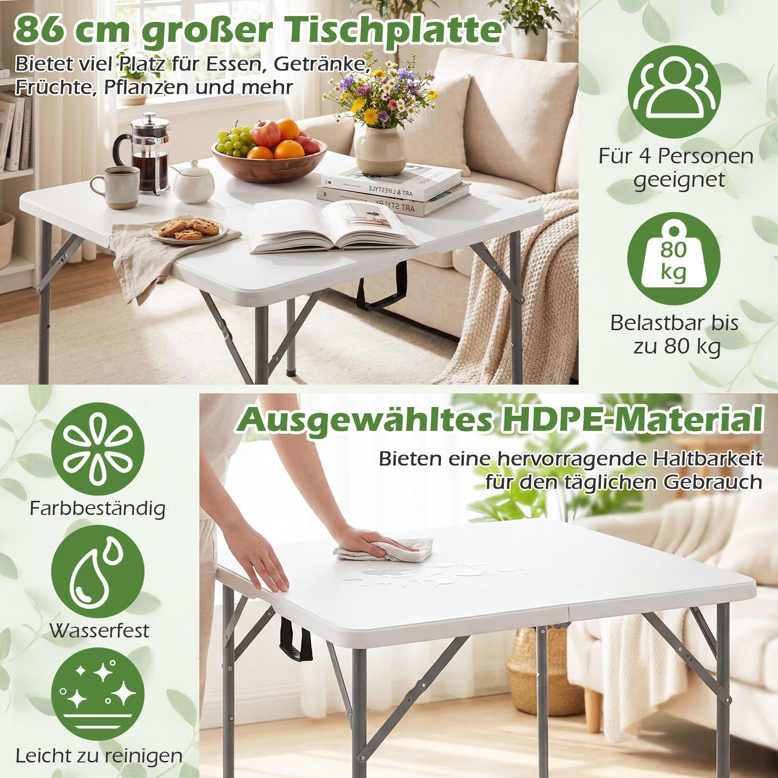 COSTWAY Campingtisch (1-St), Klapptisch quadratisch, Balkontisch für Garten