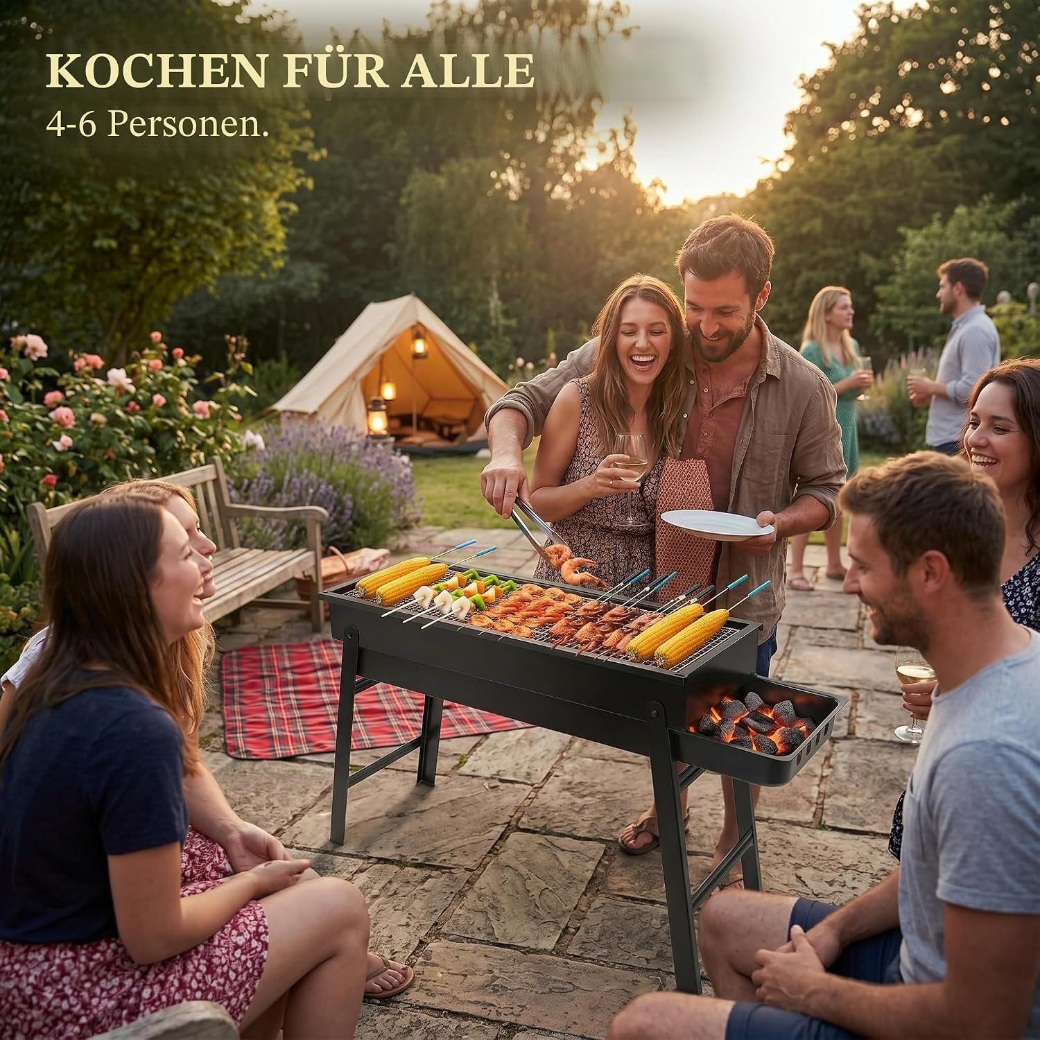 BlingBin Holzkohlegrill Faltbare Mini-Holzkohle-Einheit aus rostfreiem Stahl, 1er Set, 60 × 22 × 32 cm, leicht platzsparend für Camping, Garten, Picknick und Reise