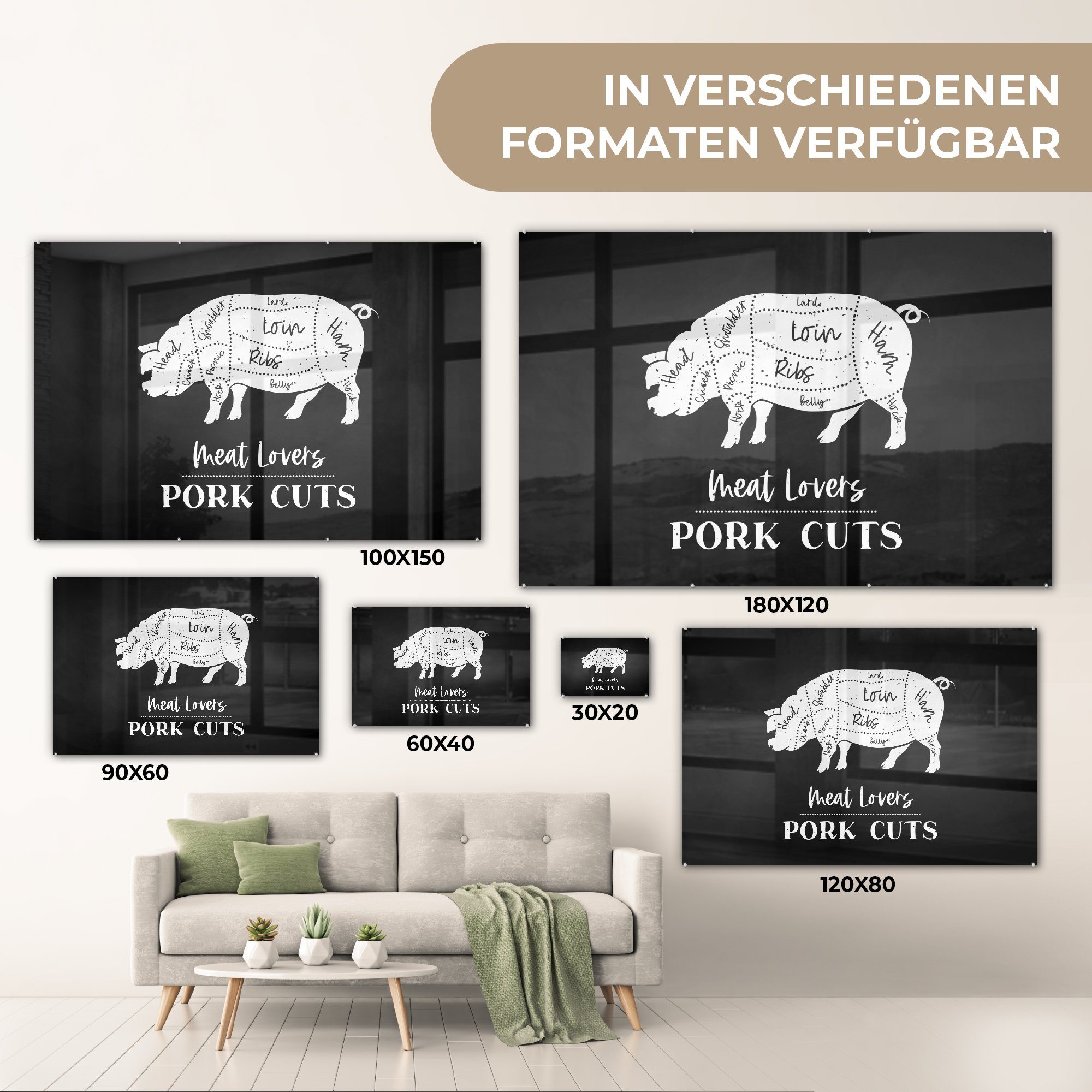 Schwein St), Küche Glasbilder MuchoWow auf - auf (1 Metzger, - Wanddekoration Acrylglasbild Glas Foto Glas - - - Wandbild Bilder