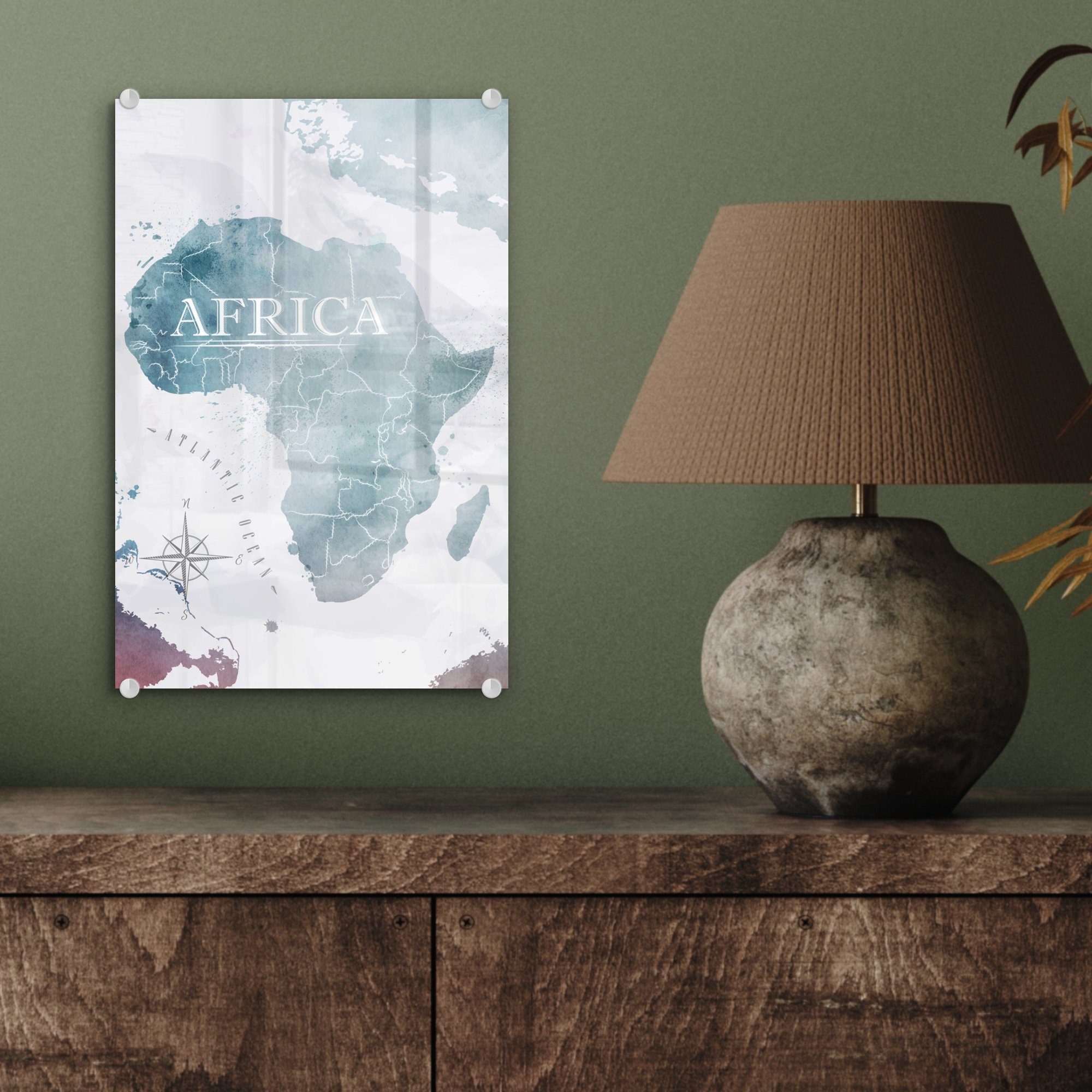 MuchoWow Acrylglasbild Weltkarte - Afrika Bilder Wanddekoration Glasbilder - Blau, Wandbild (1 auf Foto auf Glas St), Glas - - 