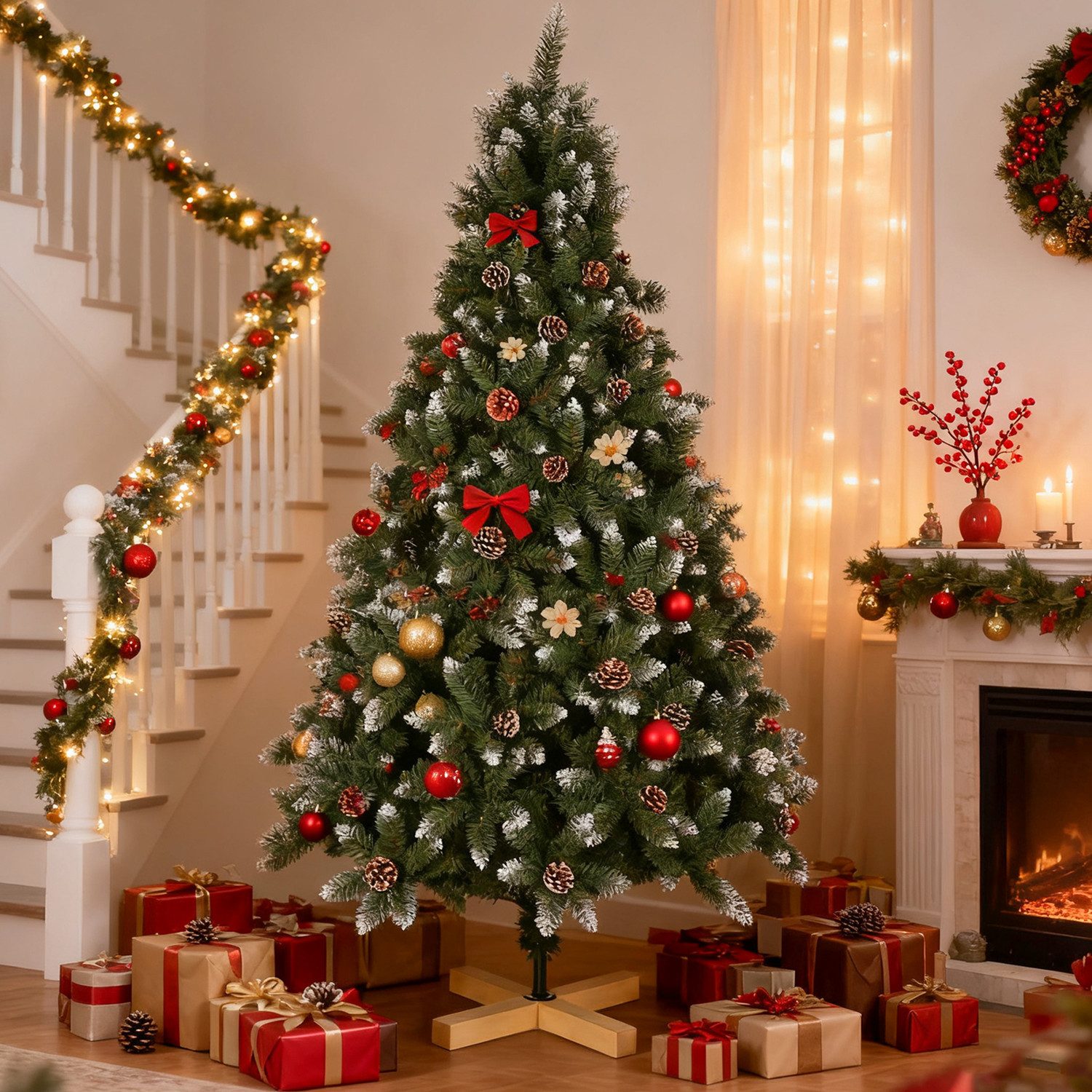WILGOON Künstlicher Weihnachtsbaum Künstlicher Weihnachtsbaum, dichter Tannenbaum zu Weihnachten, 210 cm Baum mit Schnee & Zapfen, Für winterliche Deko mit natürlichem Charme