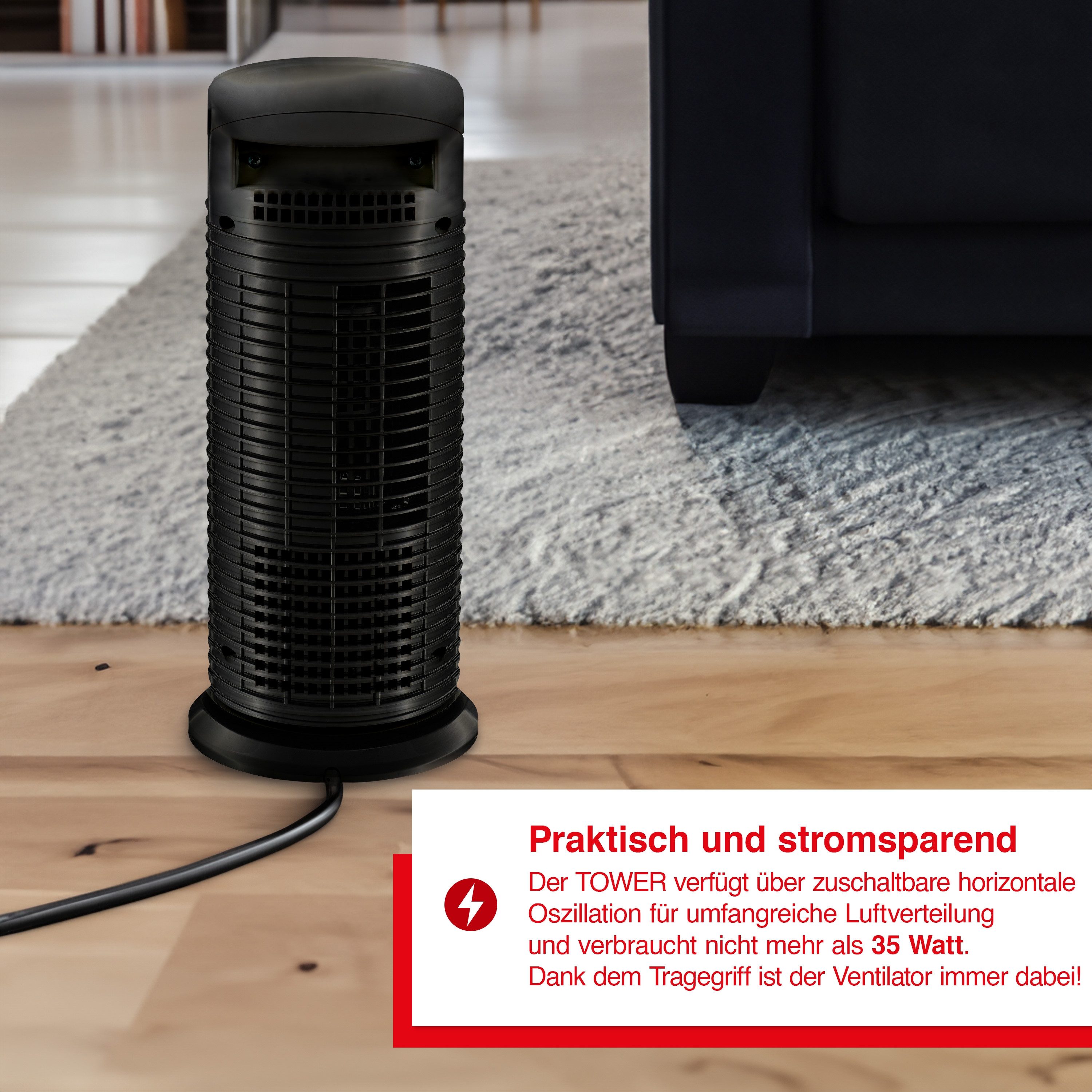SOLIS OF SWITZERLAND Turmventilator Tower Fan, Typ 749, 35 W, Timer-Funktion, 3 Stufen, Oszillation