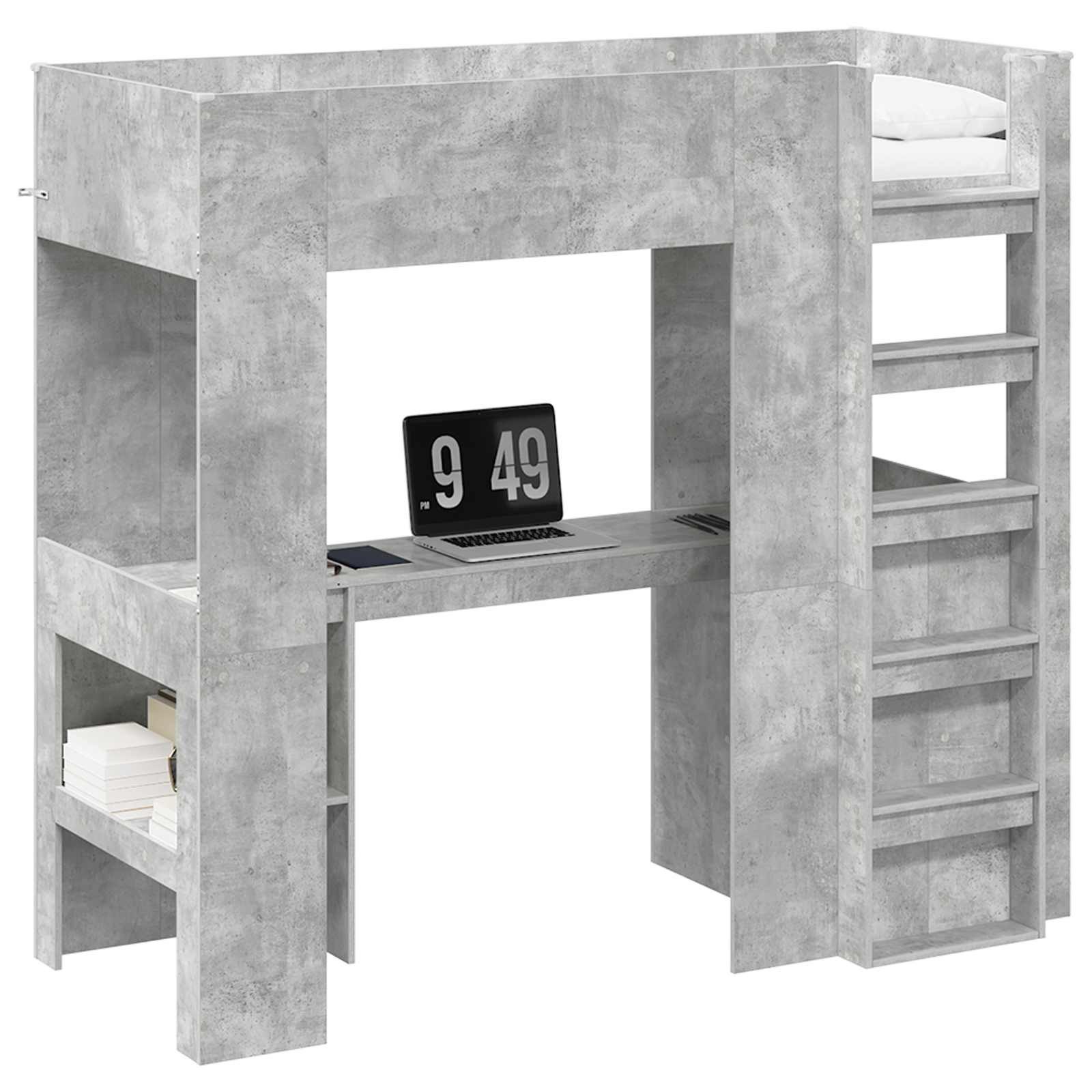 furnicato Bett Etagenbett mit Schreibtisch 193 x 80 x 175 cm Beton Grau, Hochbett mit integriertem Schreibtisch, Regalen und Sicherheitsgitter