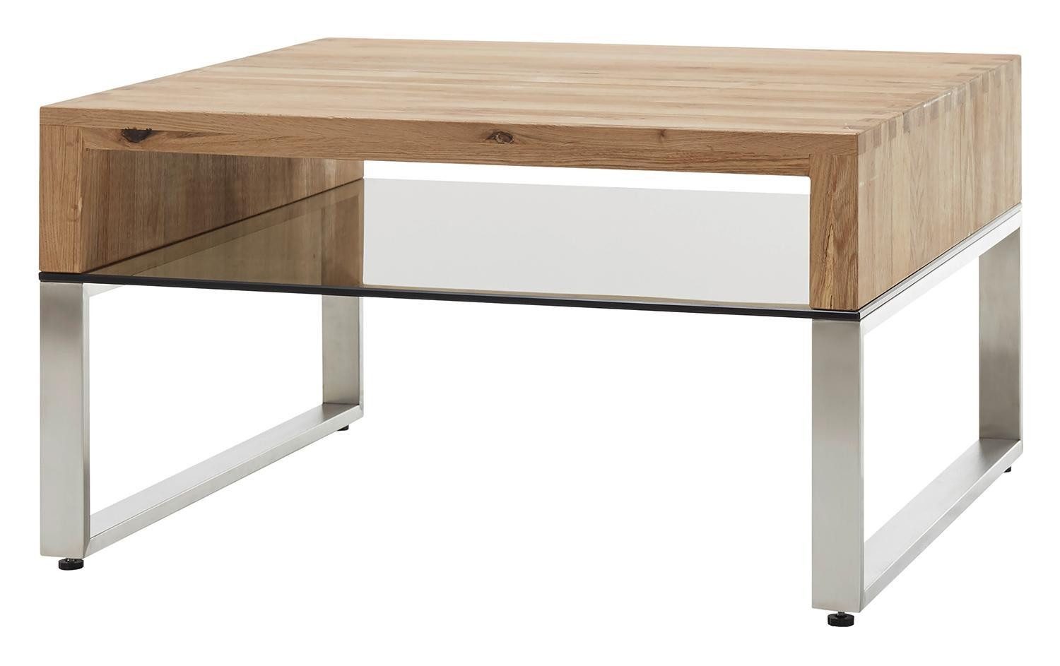 Couchtisch HILARY, Bronzefarben, Edelstahl, Ablage aus Glas, Asteichenholz massiv geölt, B 70 x H 39 x T 70 cm