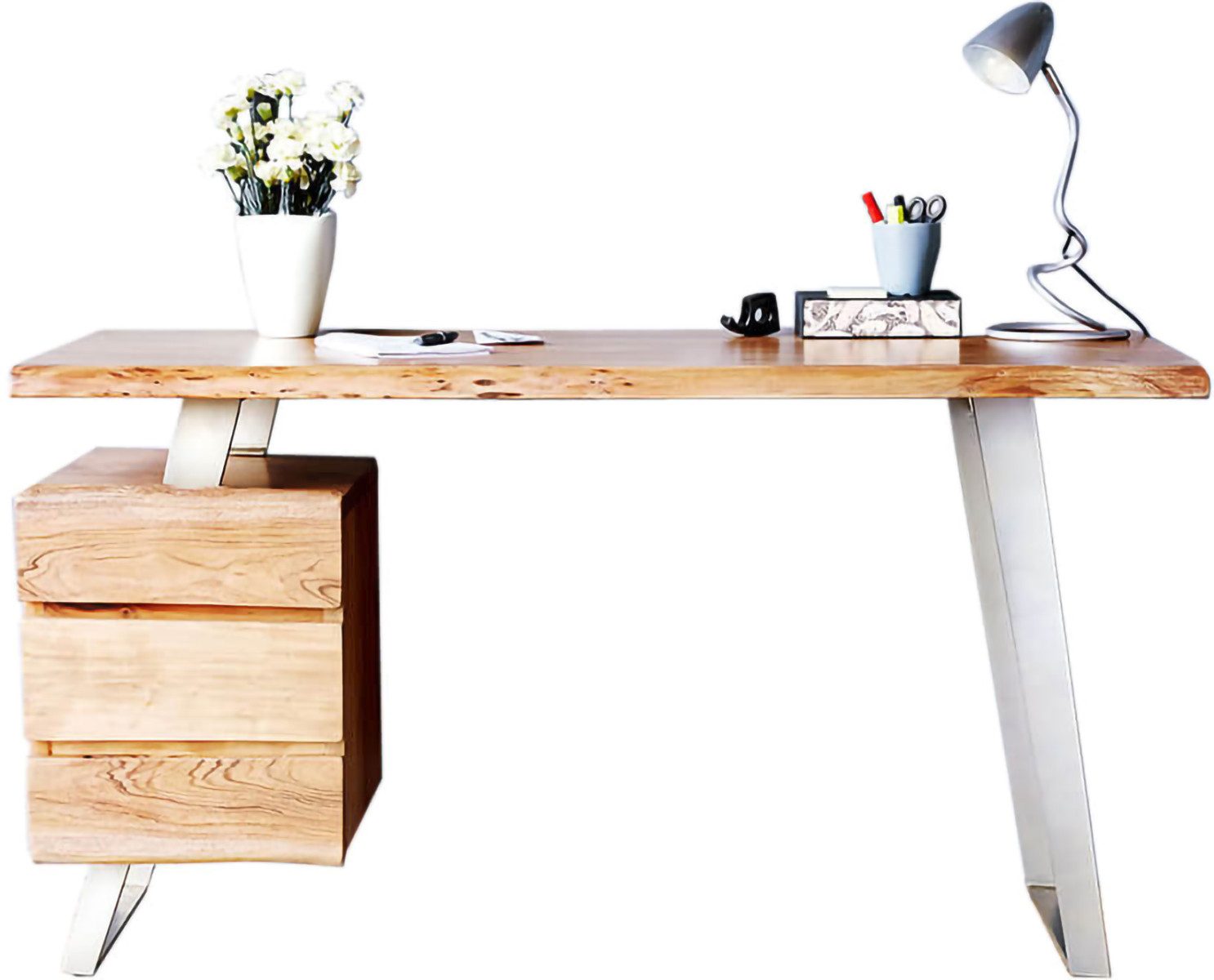 DELIFE Schreibtisch Live-Edge, Akazie Natur 150x60 cm massiv Baumkante 3 Schübe Schreibtisch