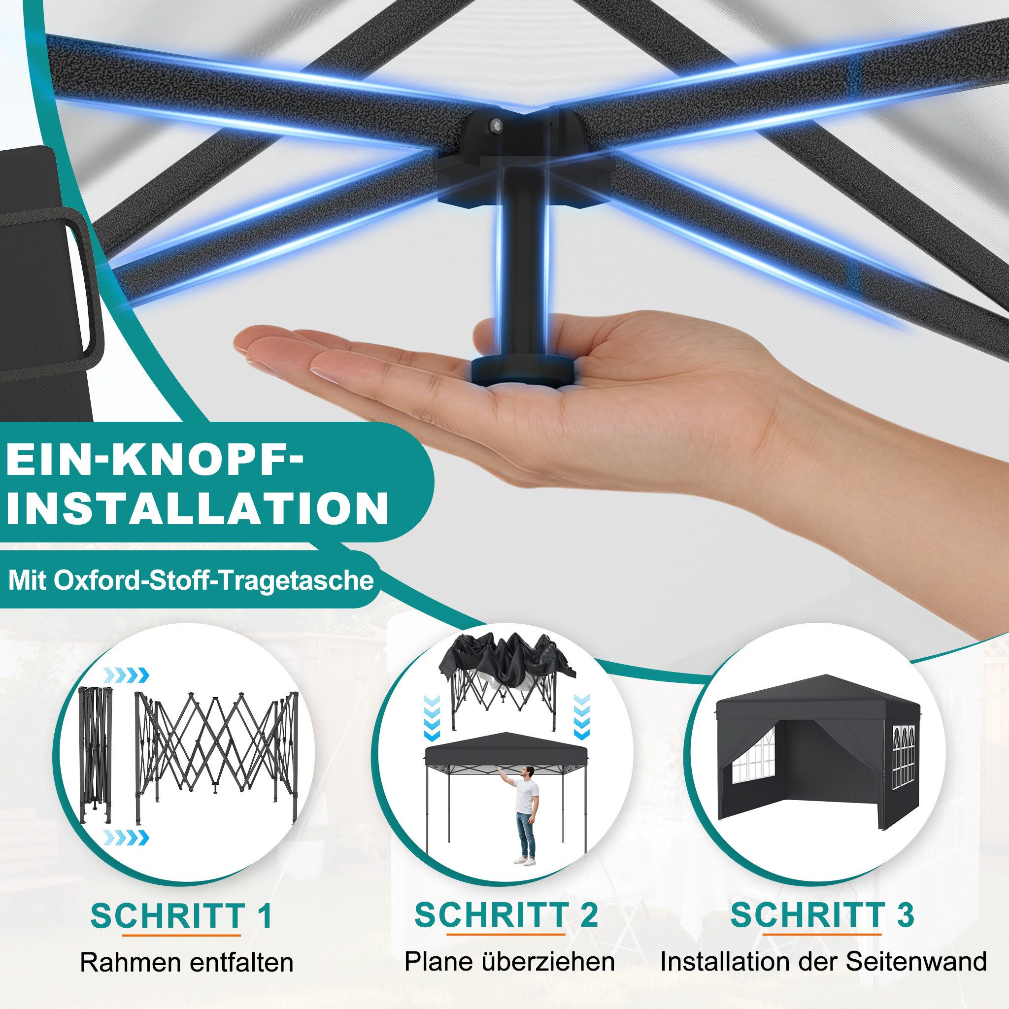 FIVMEN Partyzelt Pop Up Pavillon 2.5x2.5m Stabil Faltpavillon mit 4 Seitenwänden, Partyzelt Faltbar für Hochzeit Innenhof Höheverstellbar 240-260cm – Bild 3 von 5