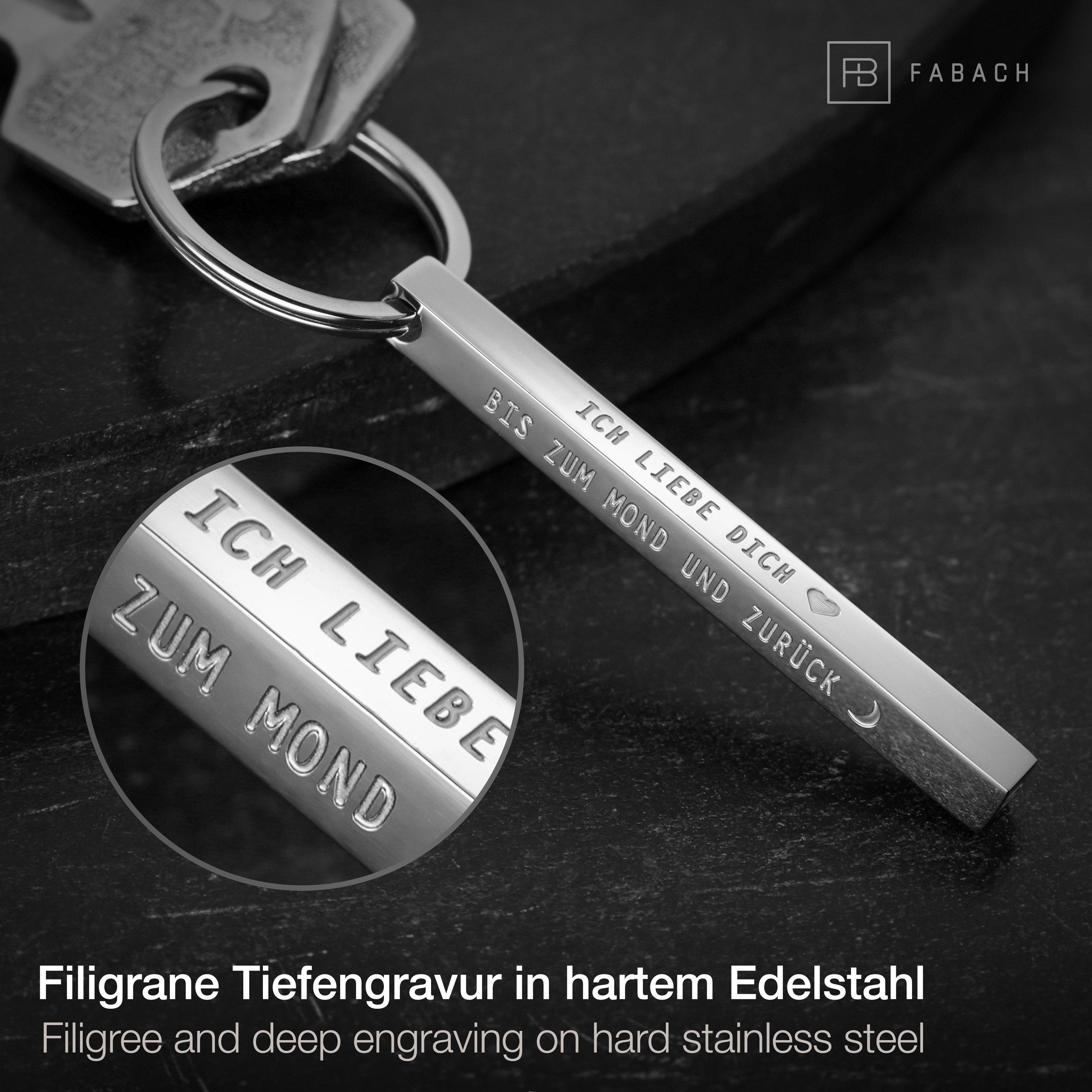 FABACH Schlüsselanhänger Cuboid aus Edelstahl mit Botschaft- Ich liebe dich bis zum Mond