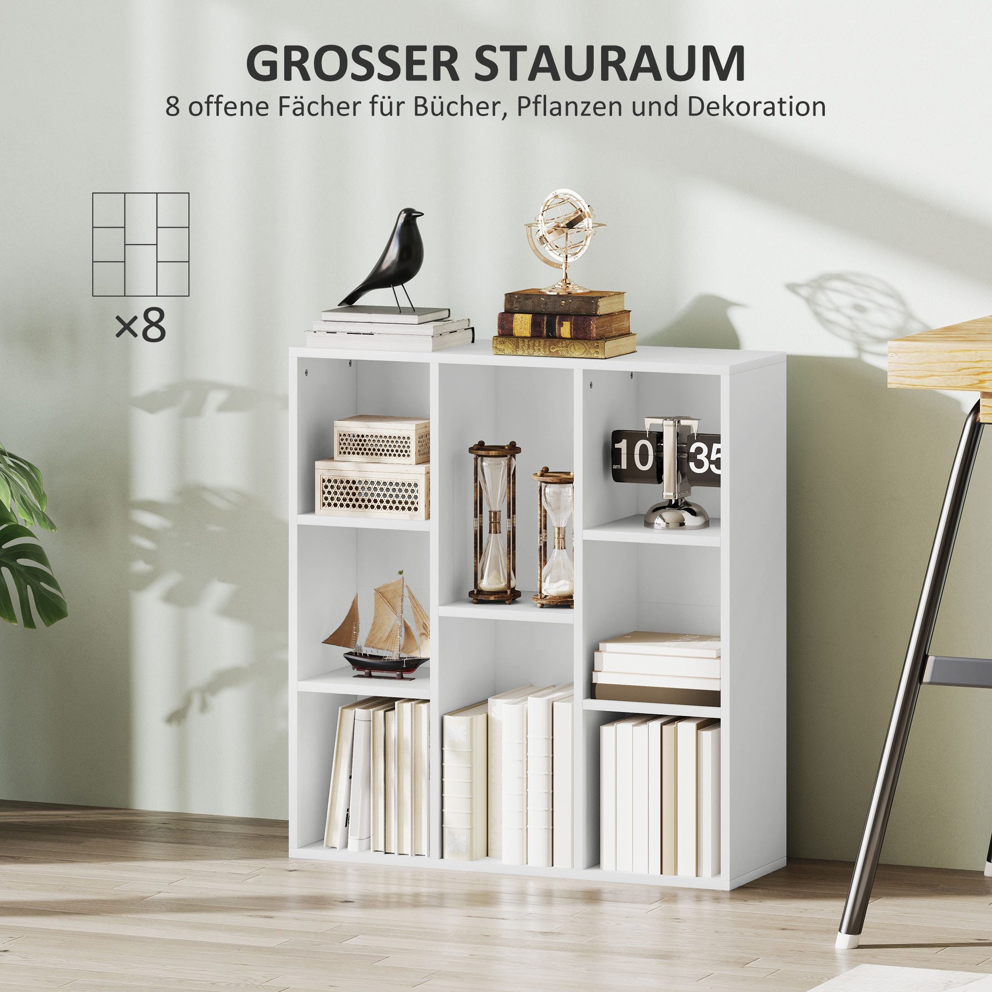 HOMCOM Bücherregal Standregal Würfelregal mit 8 Fächern Regal für Wohnzimmer Schlafzimmer, freistehendes Ausstellungsregal 1-tlg., 74,3 x 24 x 80 cm, Weiß – Bild 4 von 5