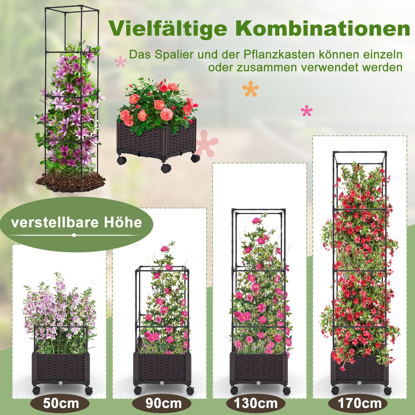COSTWAY Blumenkasten (1 St), mit Rankhilfe, auf Rollen, höhenverstellbar, Rankgitter