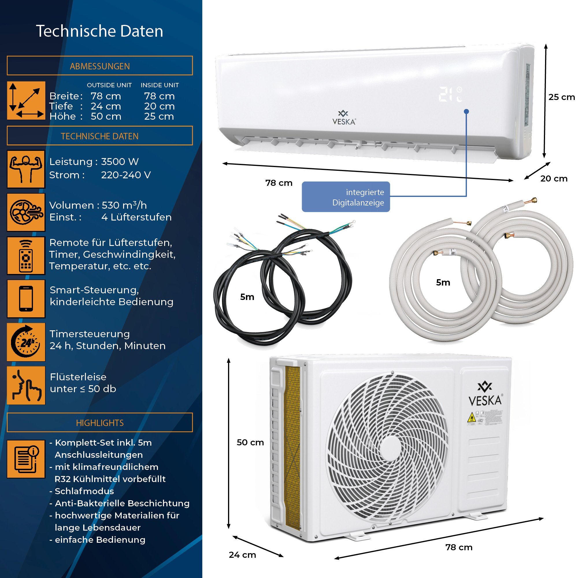 VESKA Split-Klimagerät Inverter Klimaanlage 12000 BTU günstig online kaufen