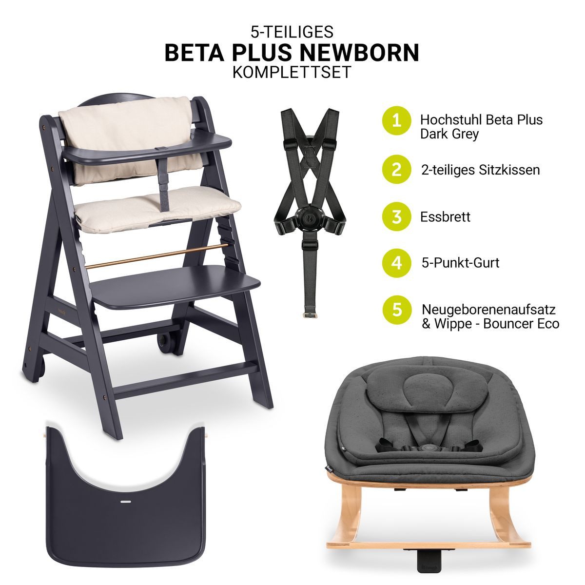 Hauck Hochstuhl Beta Plus Newborn Set - Eco - Dark Grey, Holz Babyhochstuhl ab Geburt mit Neugeborenensufsatz & Sitzkissen