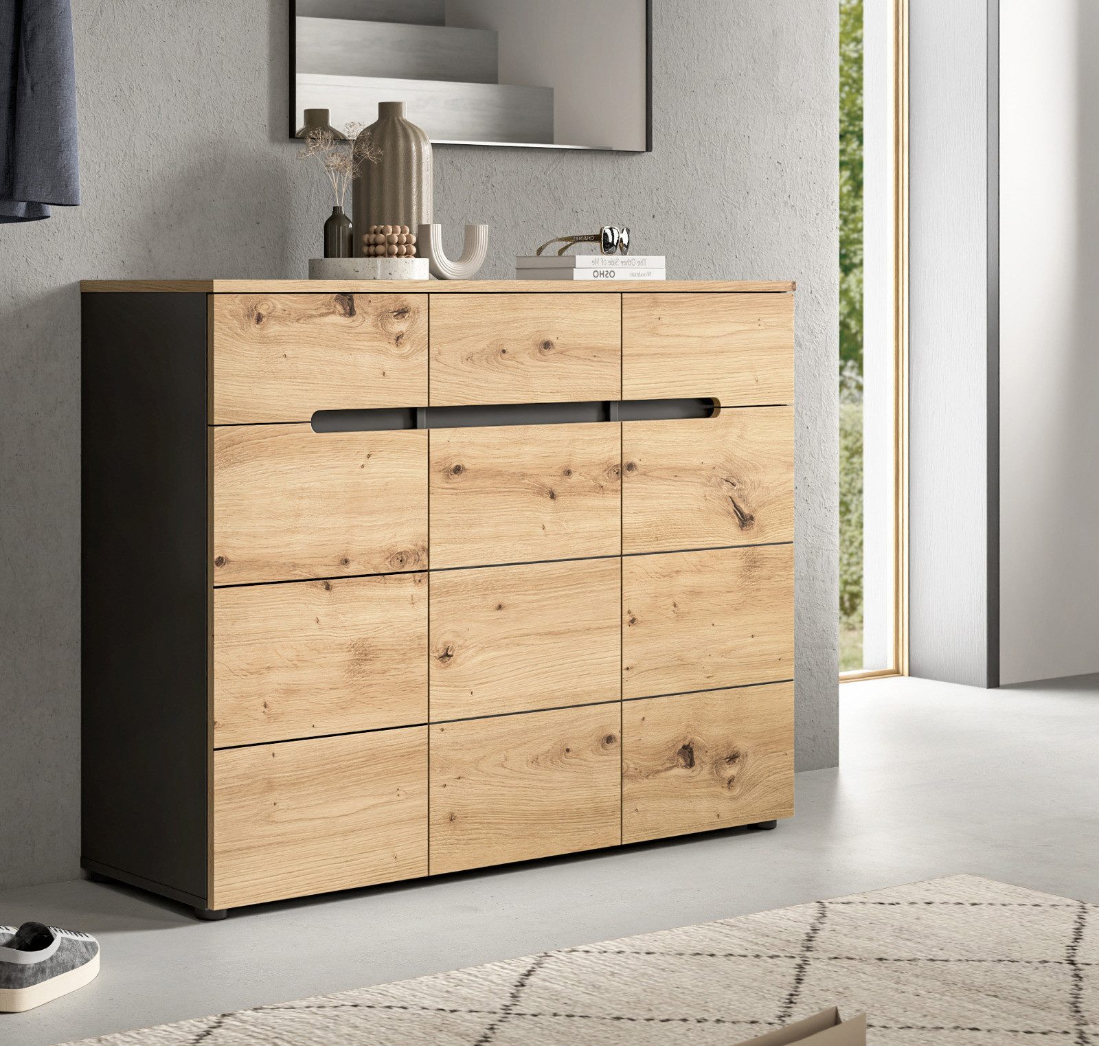Inn.Furn Schuhkommode Cooper (Flurkommode in Eiche Artisan mit grau, 3-türig, 120 x 94 cm), mit 12 Fächern, Soft-Close-Funktion