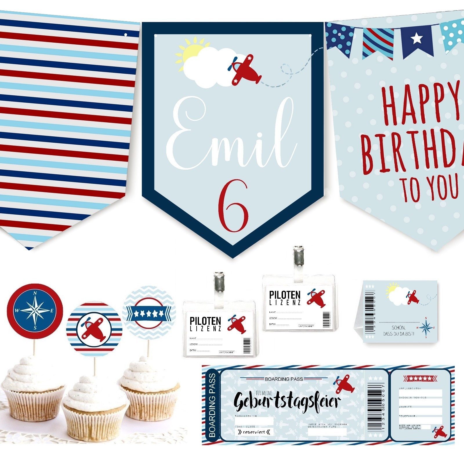 homestyle-accessoires Papierdekoration Kindergeburtstag Party 10erSet PILOT BOARDING Wimpelkette Einladung, Tischkarten Pilotenausweisen Cupcaketopper MIT LIEBE GEFERTIGT