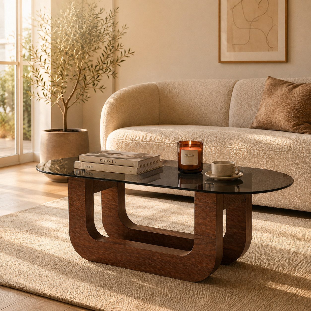 i@home Couchtisch Modernes ovales Couchtisch & Gästetisch,Luxus Wohnzimmertisch,110×55cm, Rauchglas‑Tischplatte,U‑förmiges Gestell,MDF,für …