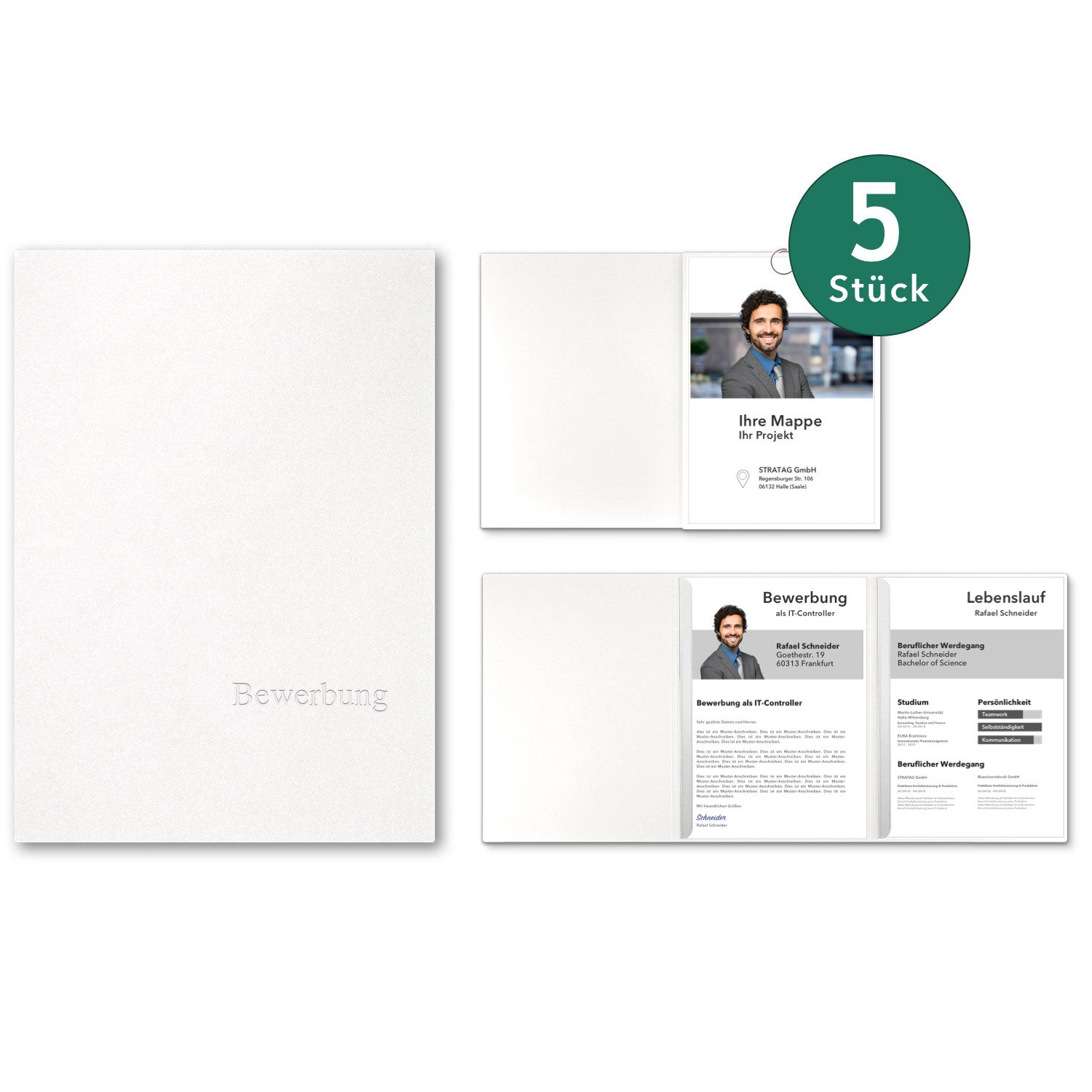 STRATAG Bewerbungsmappe SELECT OPTIMA - 5 Stück 3-teilig mit 2 Klemmschienen (Set, 5-St., Naturkarton - Premium-Qualität mit hochwertiger Prägung Bewerbung), direkt vom Hersteller STRATAG - handgefertigt in Deutschland
