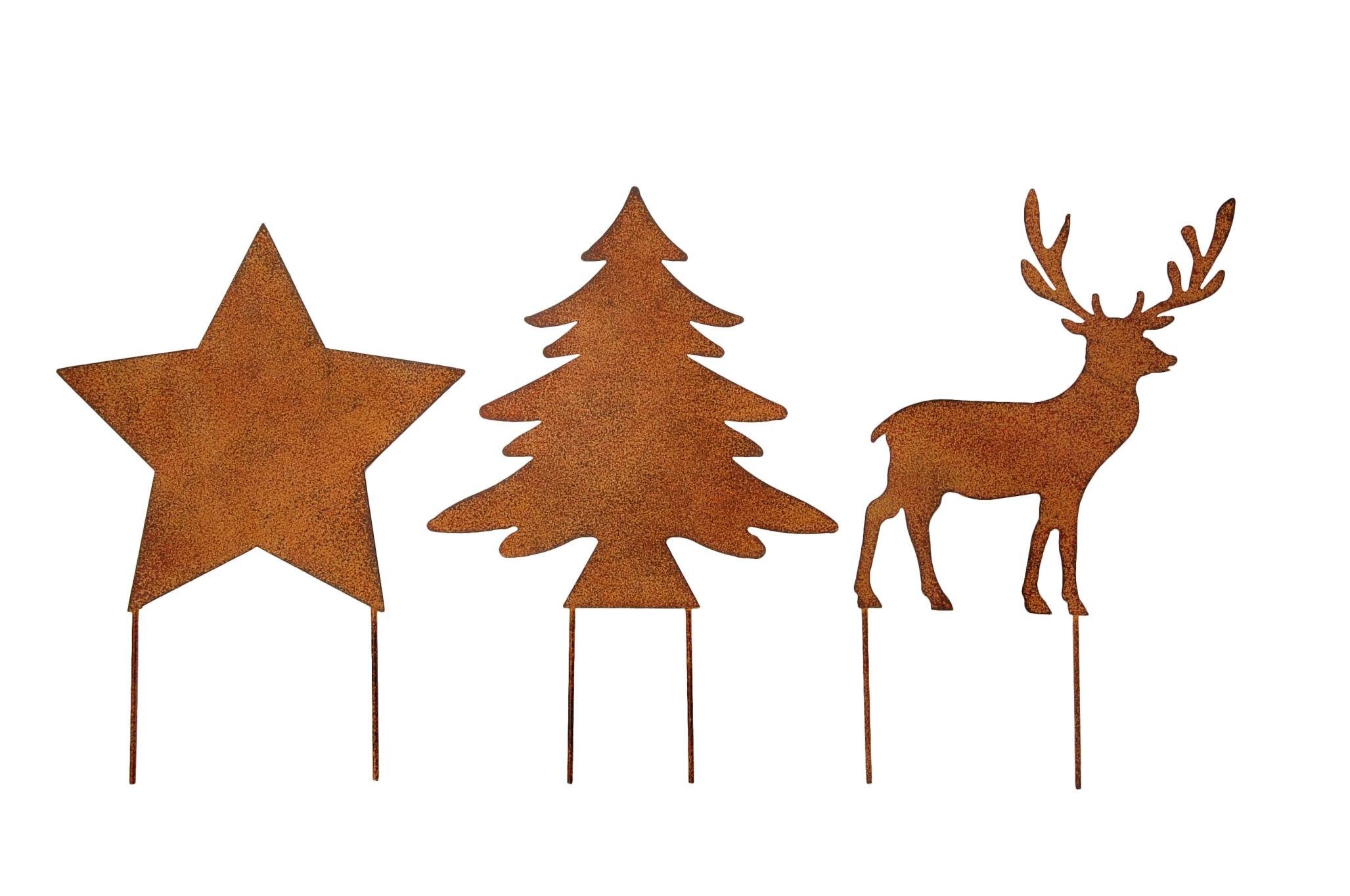 Posiwio Weihnachtsfigur Weihnachtsstecker Hirsch Stern Baum 3-er Satz  Rostfarben 19x19 cm | Dekofiguren