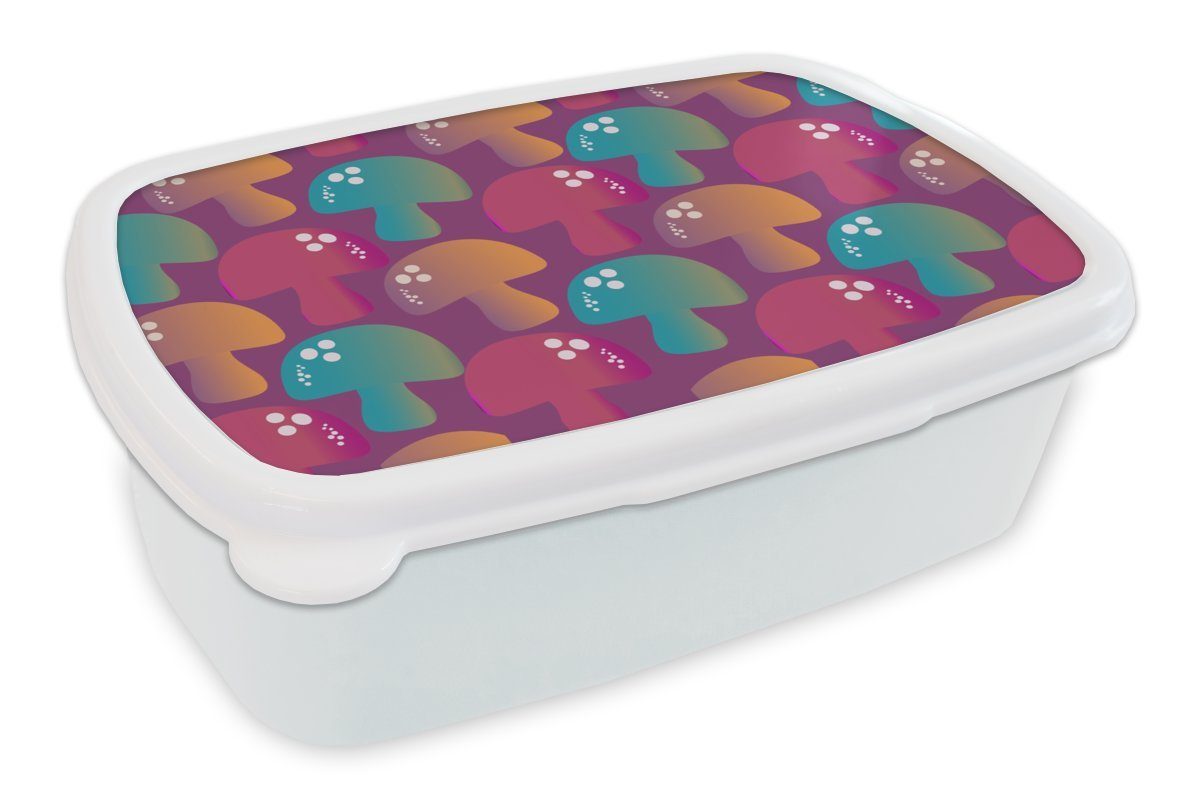 MuchoWow Lunchbox Pilz - Muster - Regenbogen, Kunststoff, (2-tlg), Brotbox für Kinder und Erwachsene, Brotdose, für Jungs und Mädchen weiß | Lunchboxen