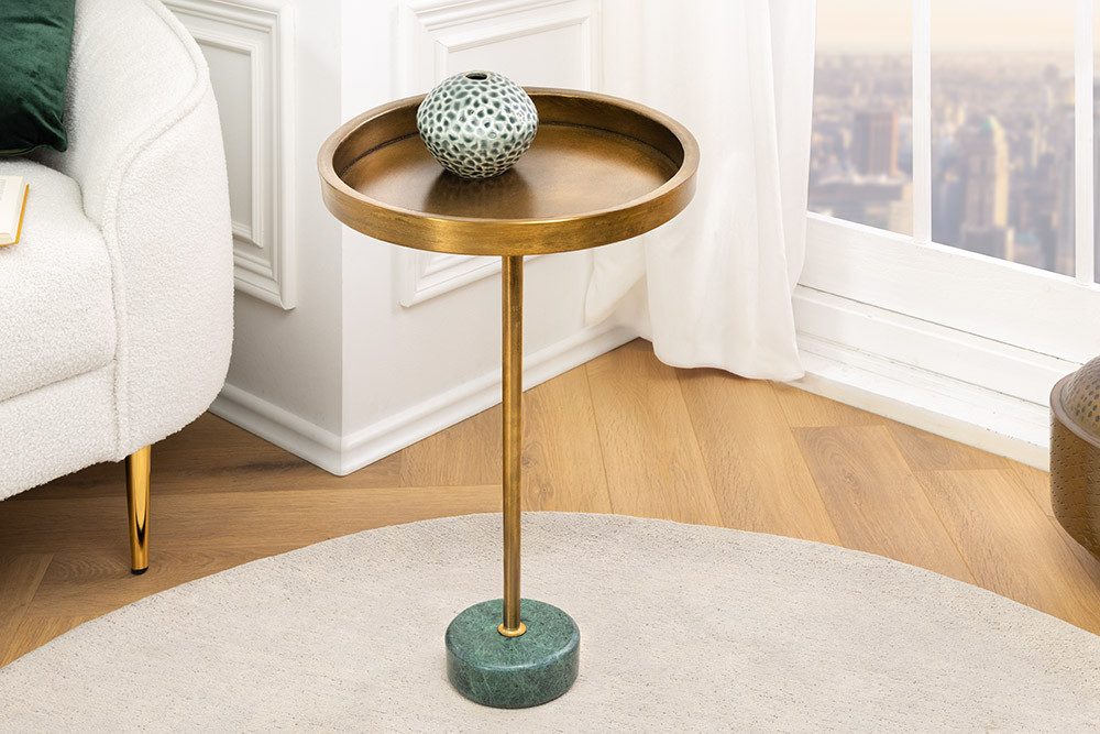 riess-ambiente Beistelltisch TRAYFUL 60cm messing antik / grün · Wohnzimmertisch mit Marmor-Fuß (Einzelartikel, 1-St), Schlafzimmer · Metall · rund · handmade · Nachttisch