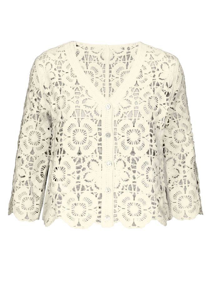 Strickjacke – modische Jacke mit V-Ausschnitt und Häkeloptik, 3/4-Arm