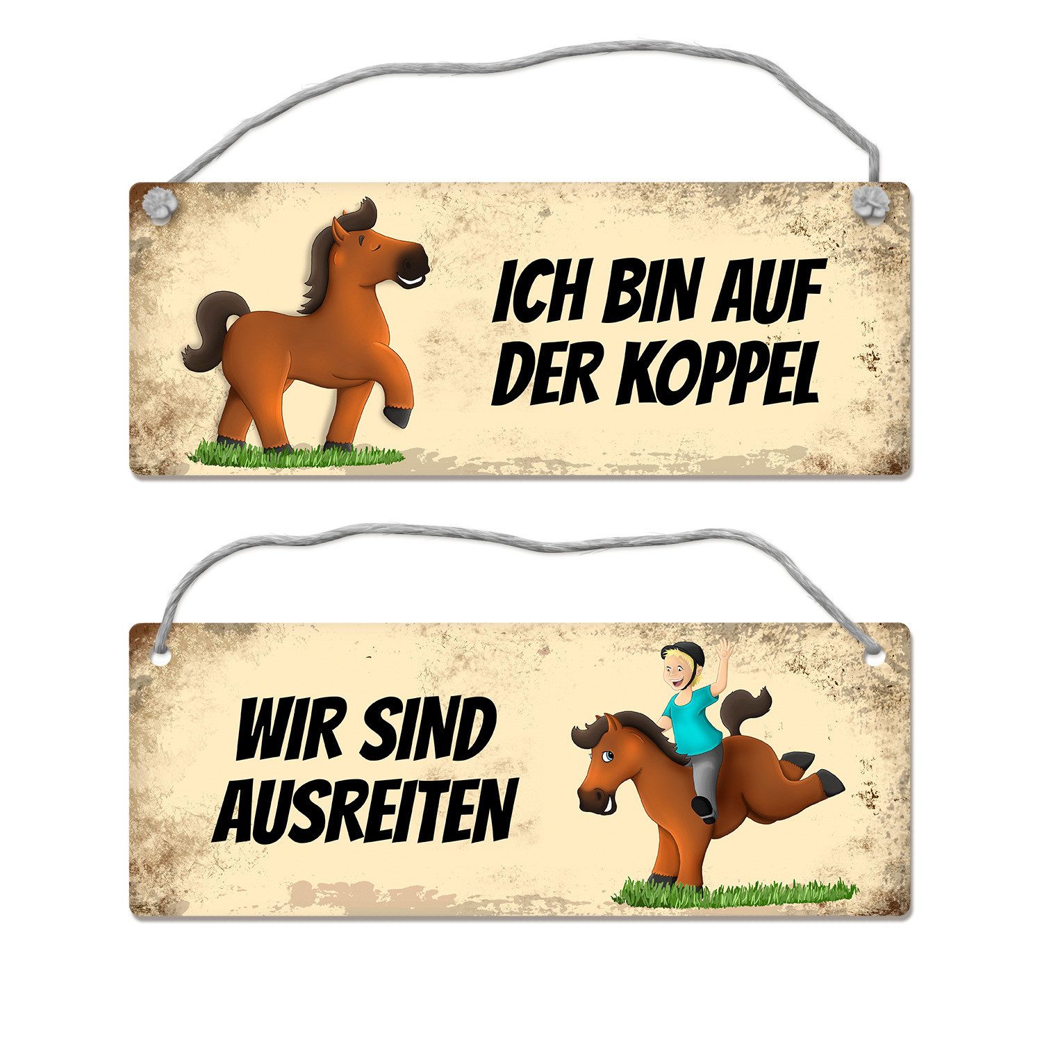 Metallschild Braunes Pferd ist ausreiten oder auf der Koppel Wendeschild mit