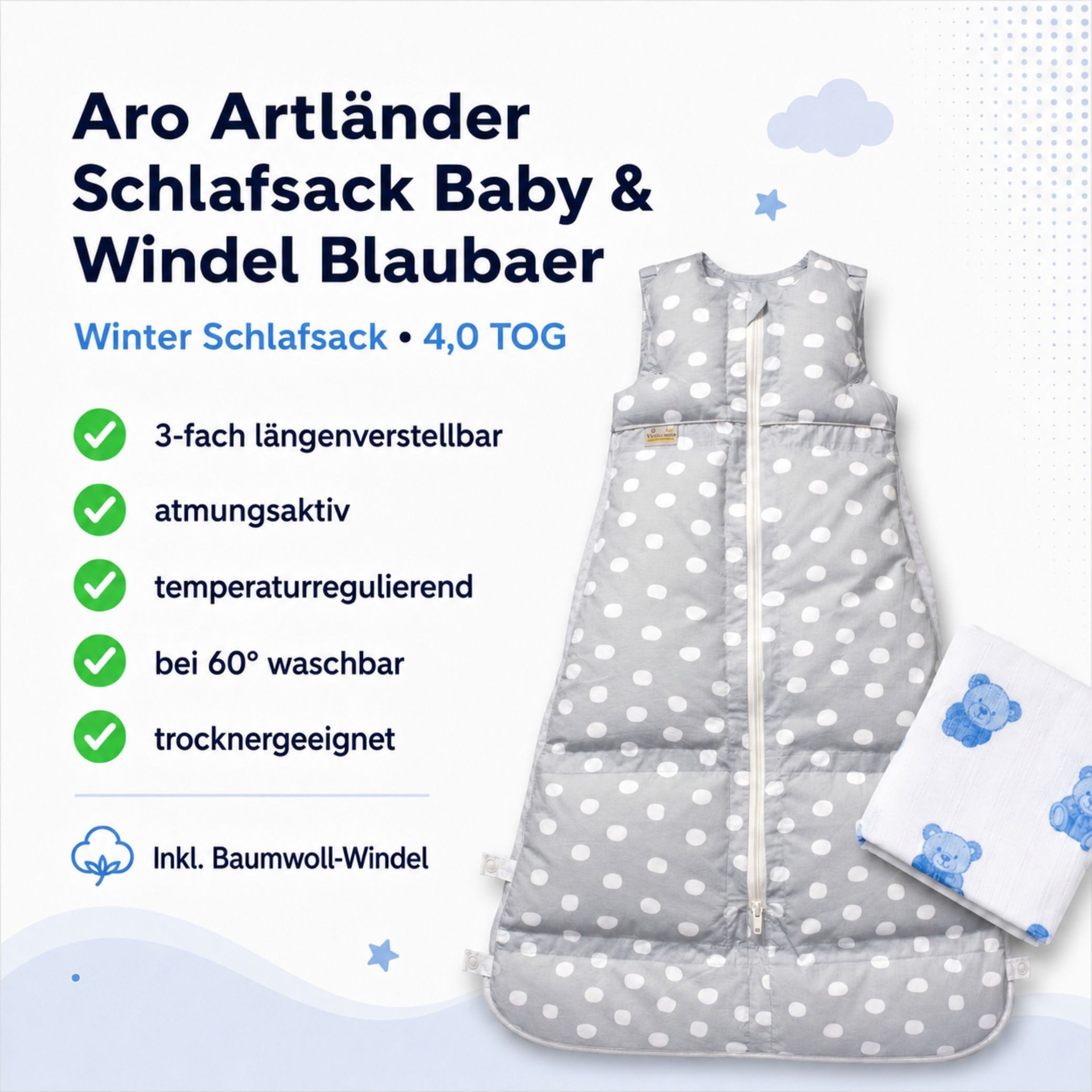 Kinderhaus Blaubaer Babyschlafsack Daunenschlafsack TOP, 3-fach längenverstellbar mit Premiumdaunen luftig leicht atmungsaktiv – Bild 3 von 5