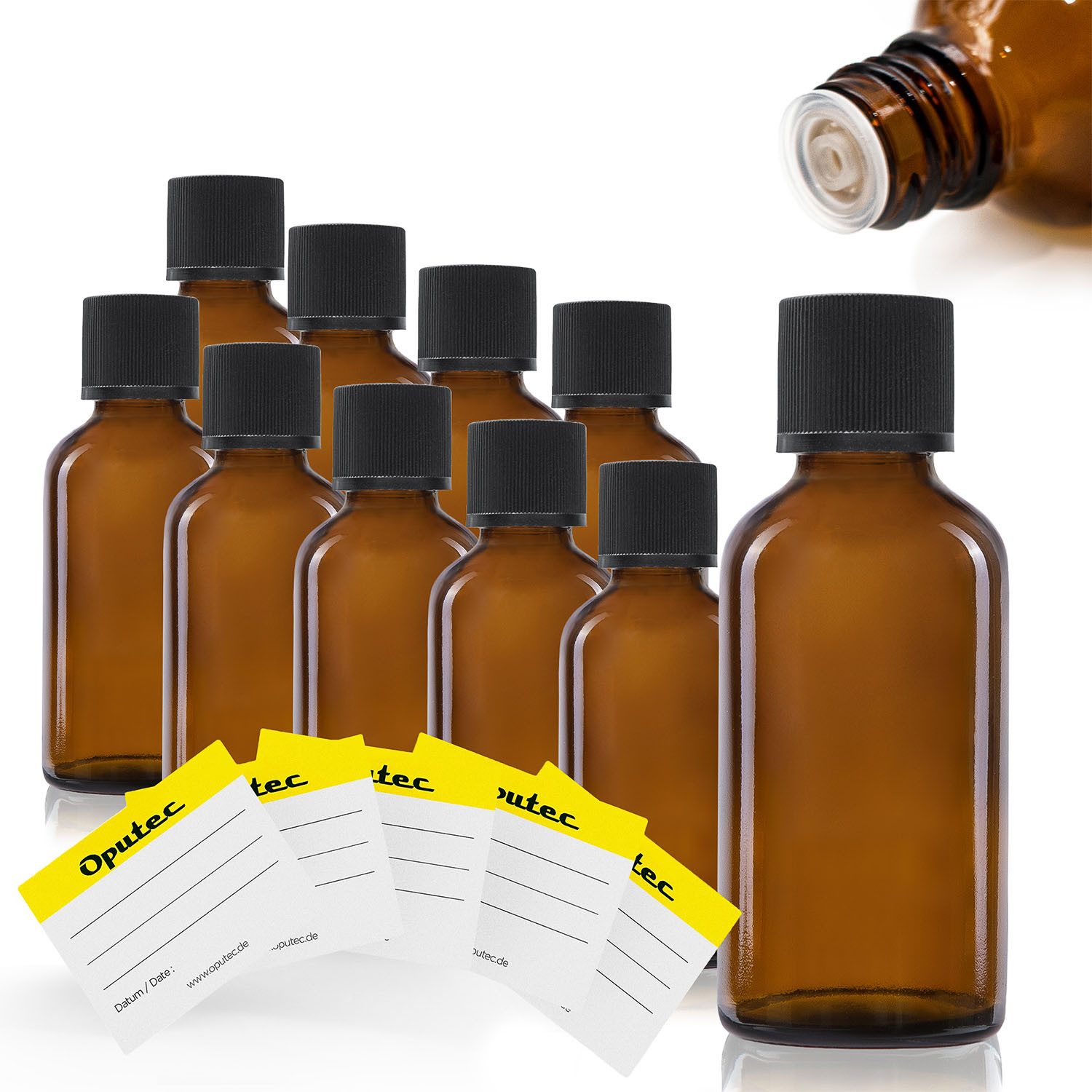Oputec Kanister 10x 30ml Tropfflaschen Glas Apothekerflaschen mit Tröpfler + Etiketten (Spar-Set, 10 x 30ml)