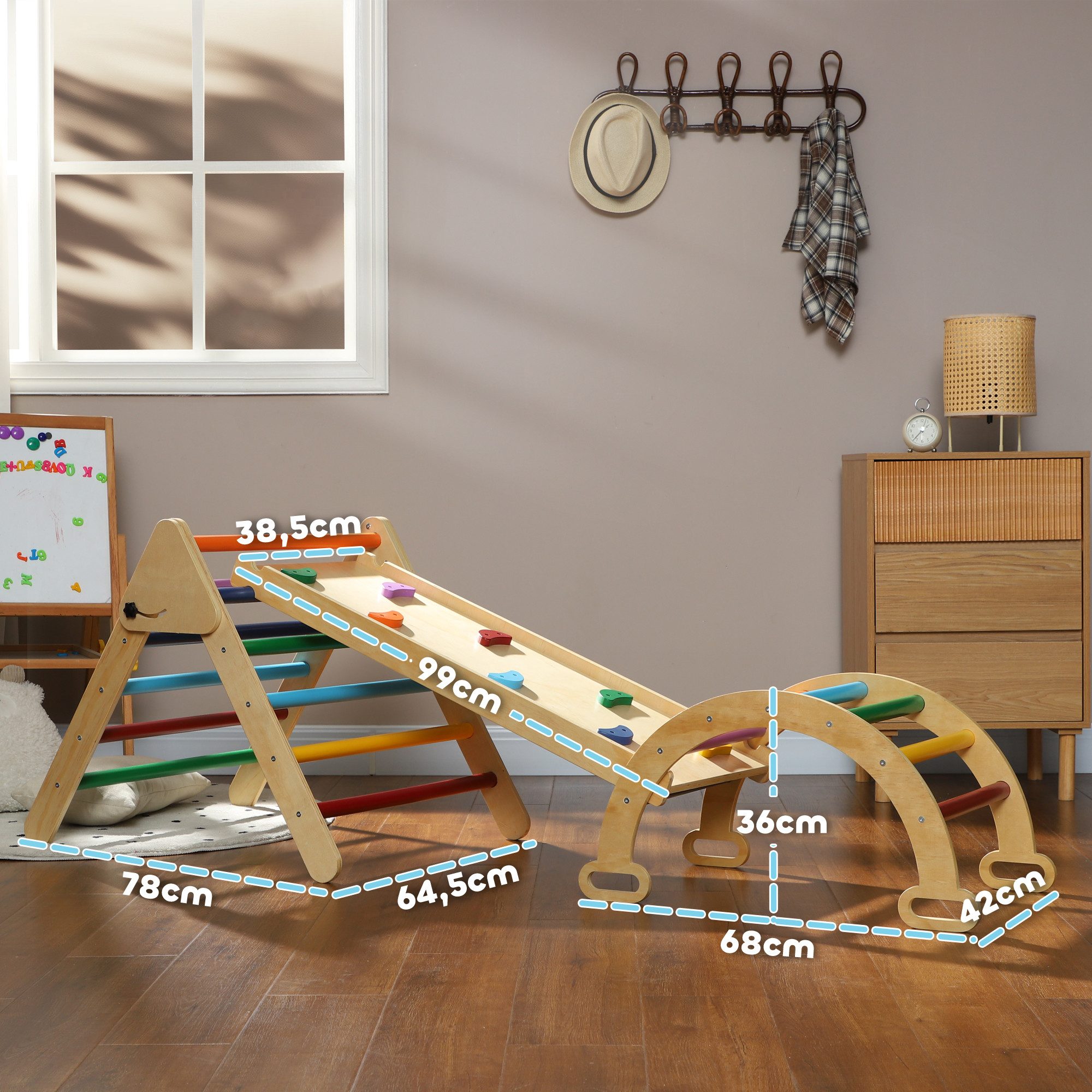 AIYAPLAY Klettergerüst 5-in-1 Montessori Holz mit Kletterbogen, Rutsche Spielplatz, (Kletterspielzeug, 3-St., Kletterdreieck zum Rutschen und Klettern), für Kinder 1,5-4 Jahre, Indoor, Mehrfarbig