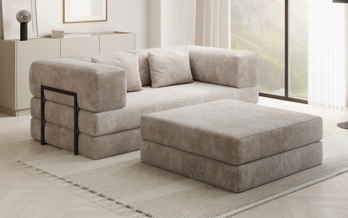Luxusbetten24 Schlafsofa Lazy Spar-Set: 3-Sitzer in Cord + Hocker, mit umklappbarer Polsterfläche