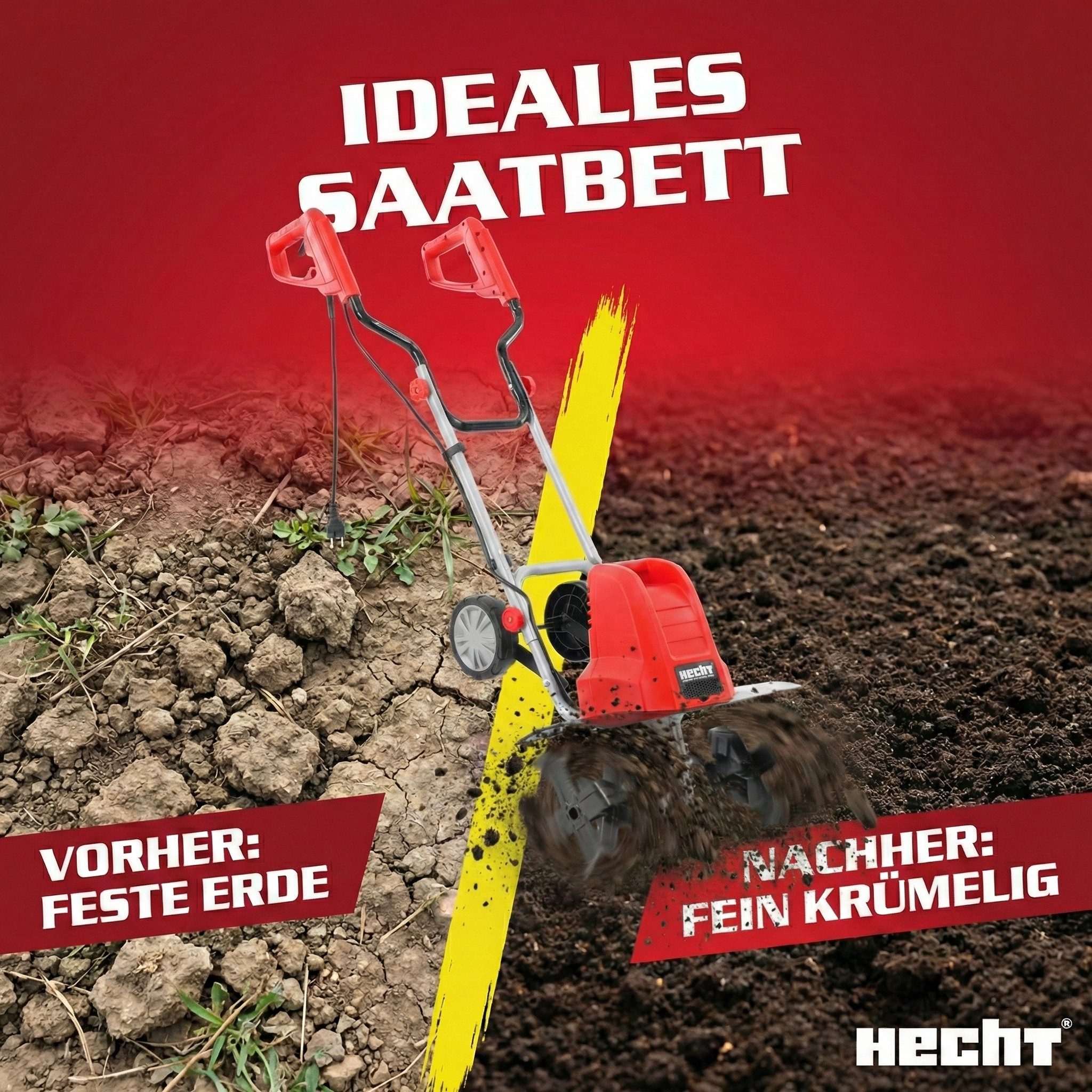Hecht Elektromotorhacke Gartenfräse Gartenhacke Elektrisch 748, 1500W, 45 cm Arbeitsbreite, 22cm Arbeitstiefe, Transporträder, 6 Stahlmesser, 230V