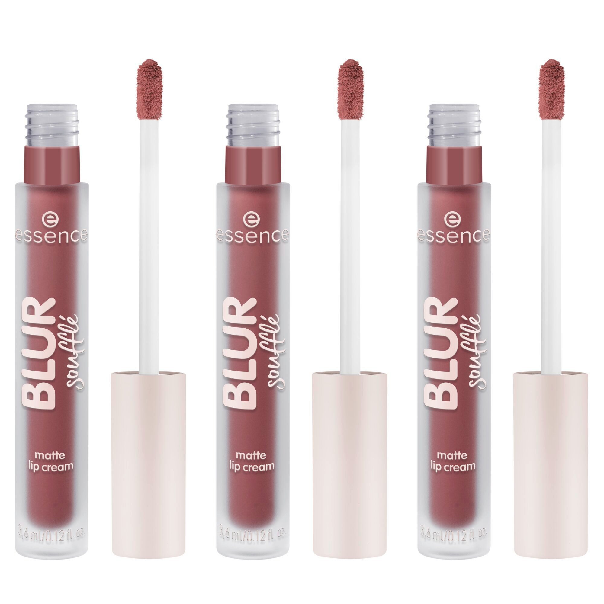 Essence Lippenstift BLUR SOUFFLÉ MATTE LIP CREAM, 3-tlg., Semi-matte Textur mit Soft-Focus für perfekte Blurred Lips