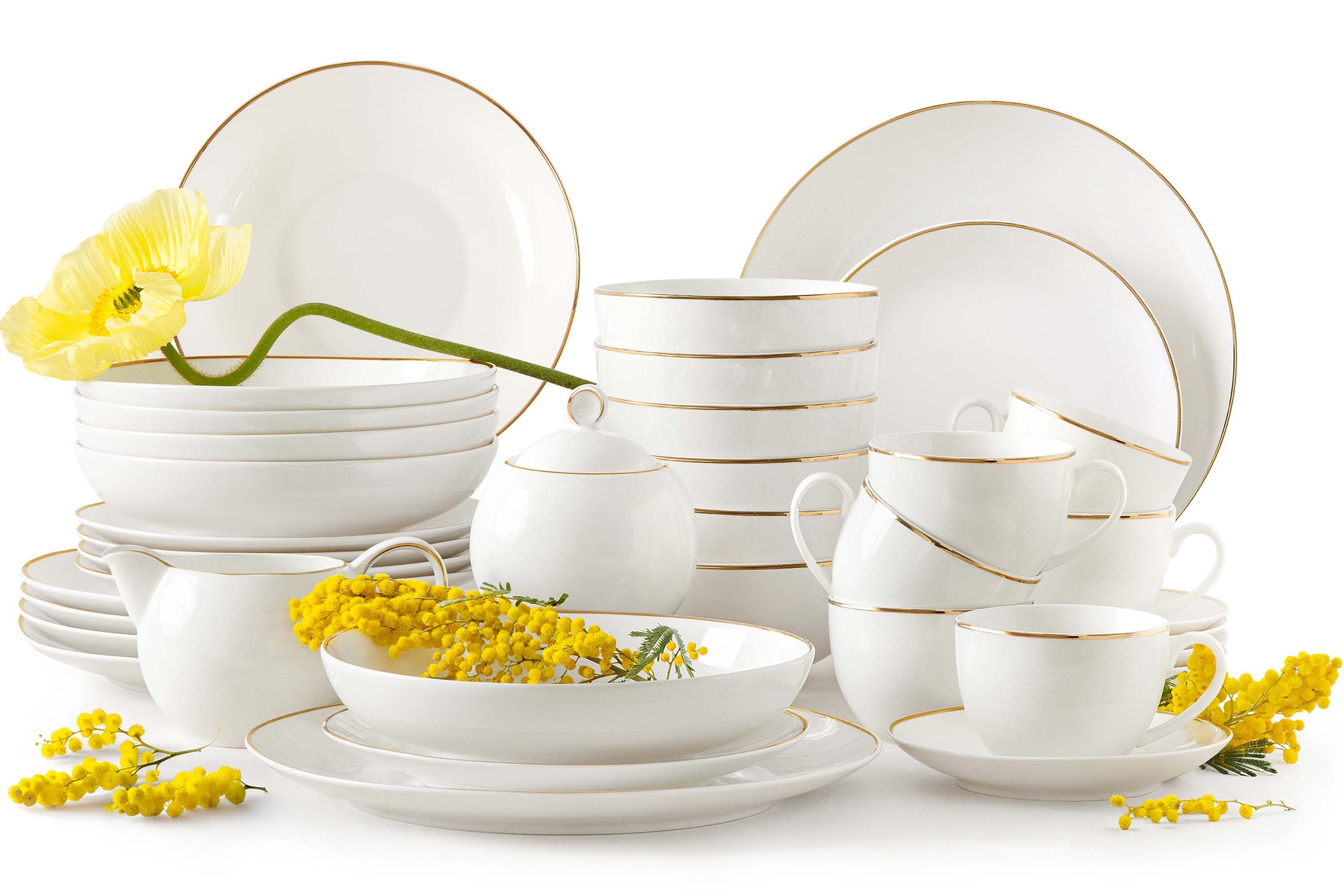 KONSIMO® Kombiservice AD BELLA Tafelservice, Geschirrset, Kaffeeservice, ecrufarben (38-tlg), 6 Personen, Porzellan, ecru Farbe mit Goldlinie, Handwäsche empfohlen, zeitloses Design