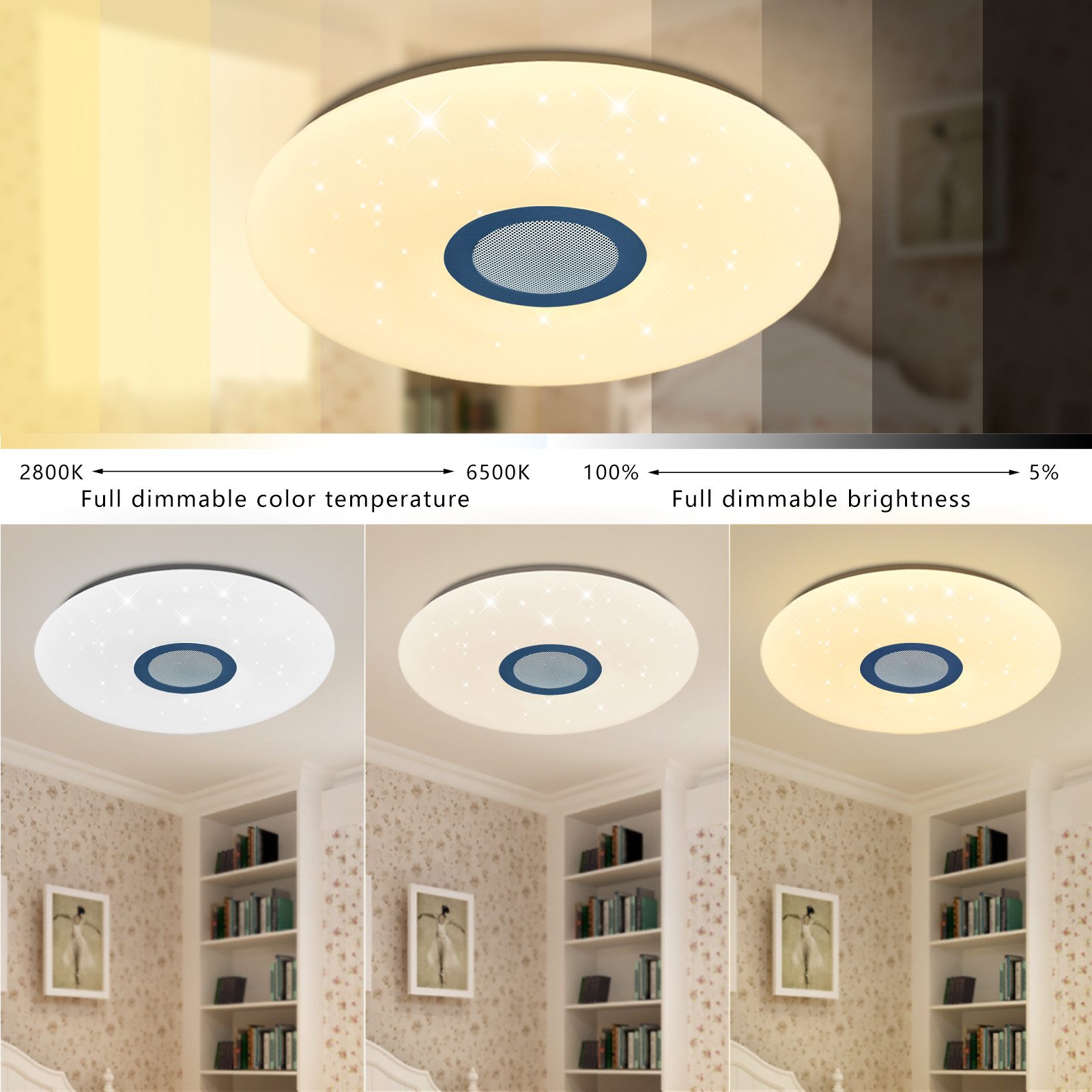 JDONG Deckenleuchte Dimmbar mit Bluetooth Lautsprecher 30/40/50/60CM, Deckenlamp mit Fernbedienung 3000-6500k RGB Farbwechsel, APP-Steuerung Musikwiedergabe für Schlafzimmer Kinderzimmer