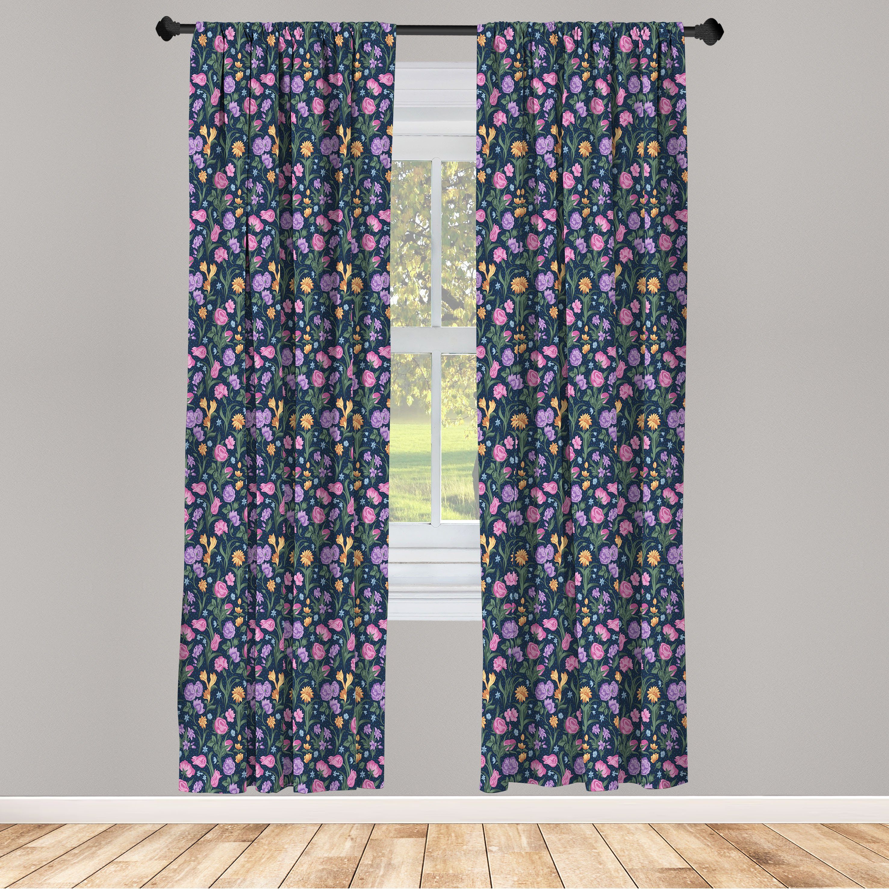 Gardine Vorhang für Wohnzimmer Schlafzimmer Dekor, Abakuhaus, Microfaser, Blumen Tulpen und Veilchen Stiefmütterchen | Fertiggardinen