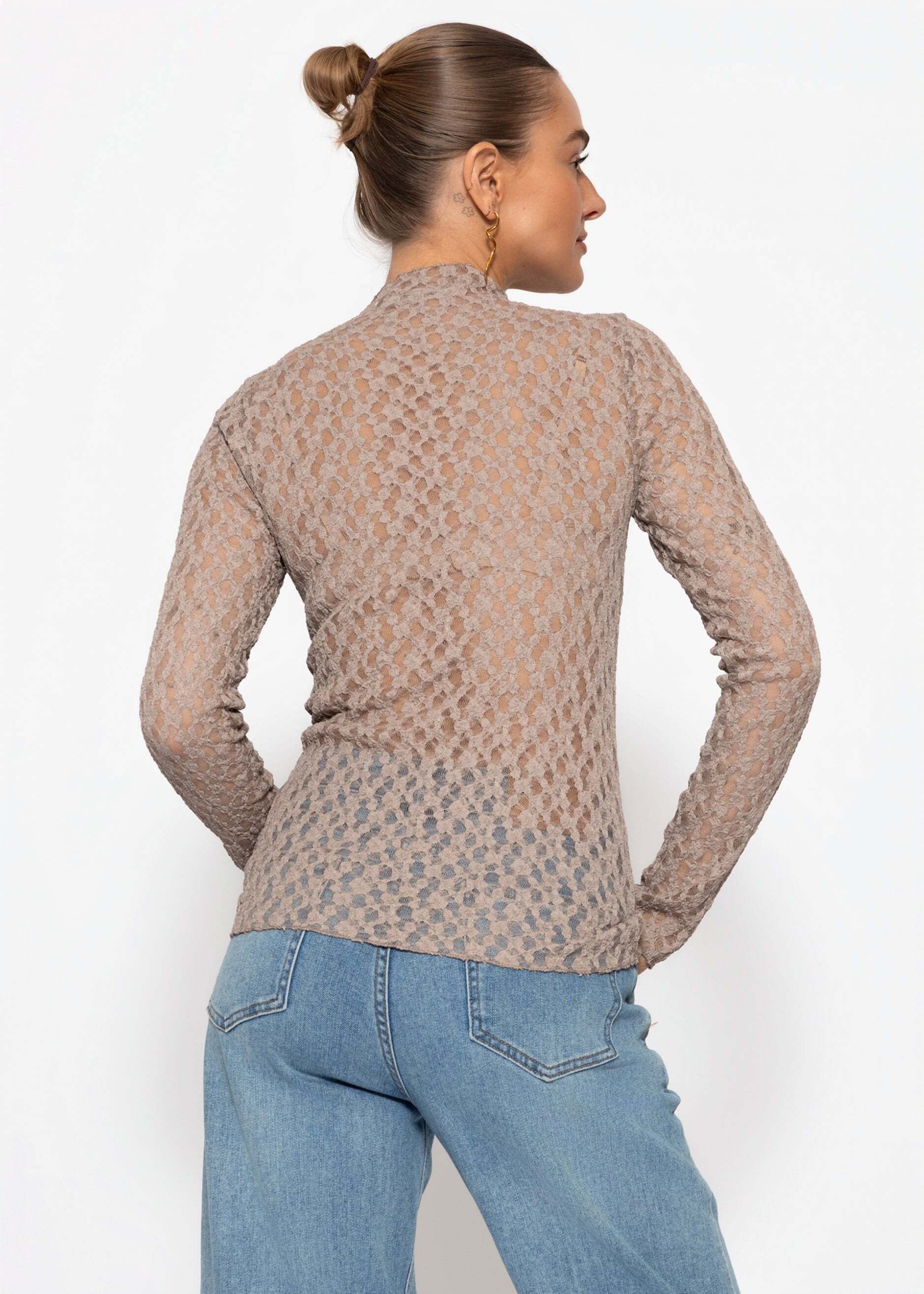 SASSYCLASSY Langarmshirt Langarmshirt aus Spitze für Damen Leicht transparentes Top mit Stehkragen in figurbetontem Schnitt – Bild 5 von 5