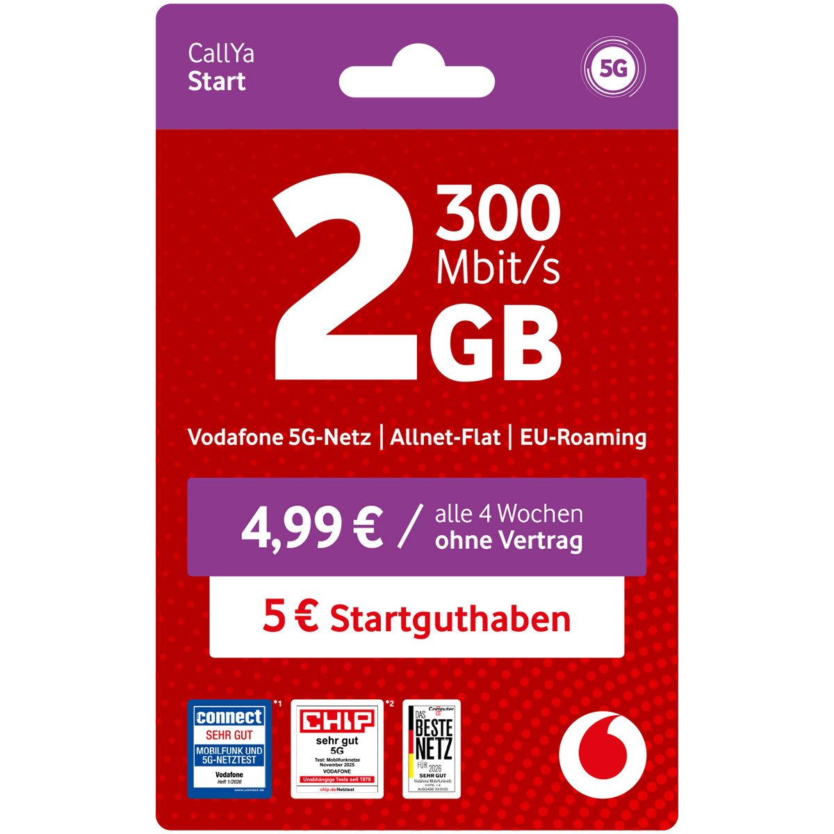 Vodafone CallYa Start Prepaidkarte, (2 GB, 5 EUR Startguthaben, ohne Vertrag, 5G-Netz, Allnet-Flat)