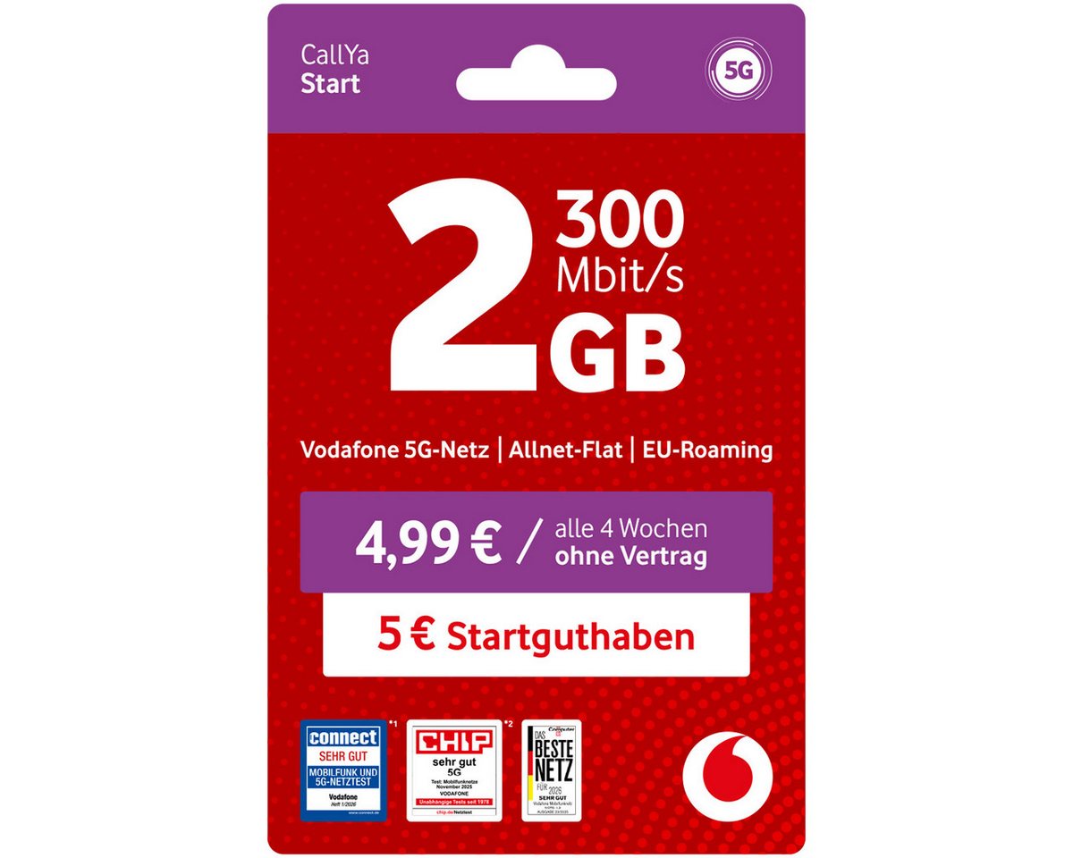 Vodafone CallYa Start Prepaidkarte, (2 GB, 5 EUR Startguthaben, ohne Vertrag, 5G-Netz, Allnet-Flat)