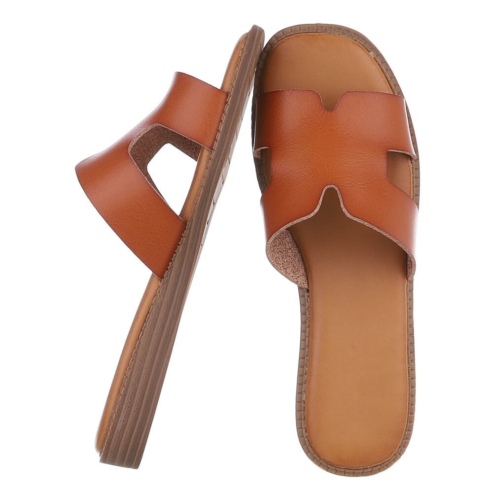 Ital-Design Modische Sandalen mit gepolsterter Sohle für Damen Pantolette (91409210) Keilabsatz/Wedge Pantoletten in Camel
