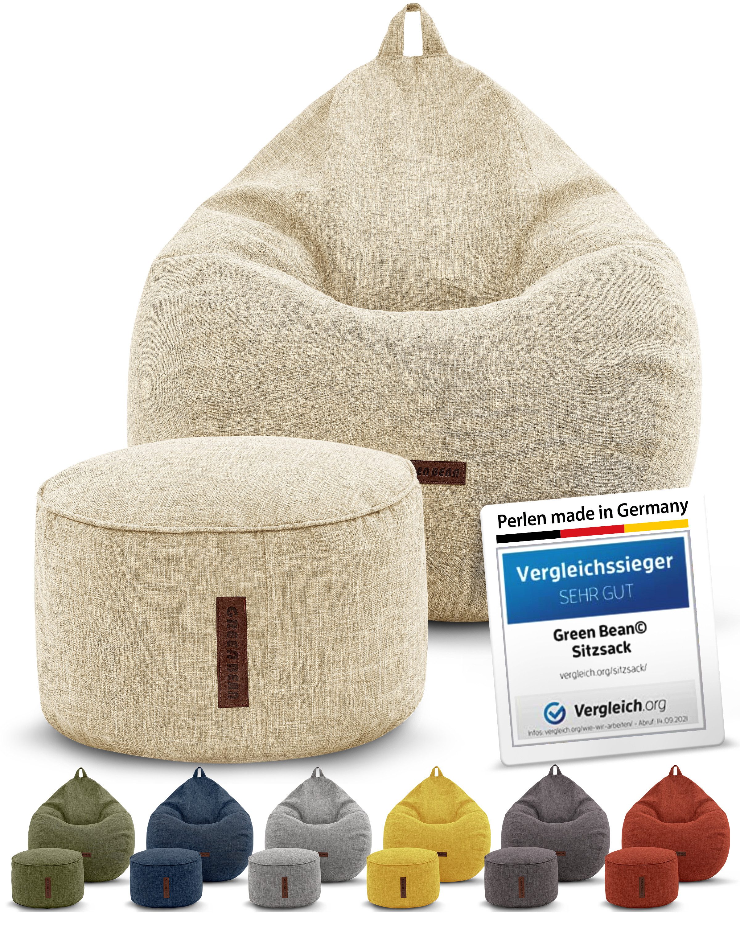 Green Bean Sitzsack Indoor Sitzsack L Home Linen + Hocker (2er Set Indoor Sitzsack 80x90x50cm + Sitzpouf 45x25cm mit EPS-Perlen Füllung -, Fußhocker Fußkissen S – Bild 4 von 5
