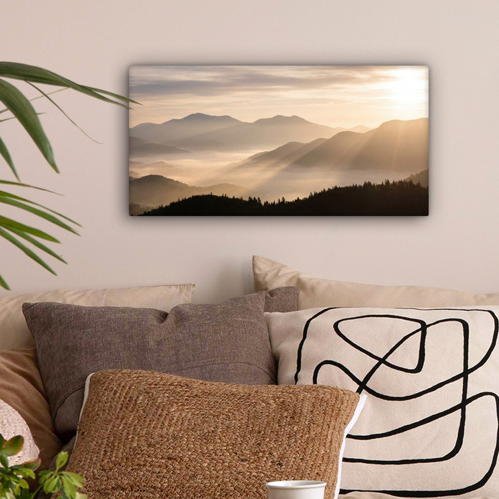 OneMillionCanvasses® Leinwandbild Panorama Berge - Nebel - Sonnenstrahlen, Fotodruck (1 St), Wandbild, Deko Schlafzimmer Wohnzimmer Flur 40x20 cm – Bild 2 von 5