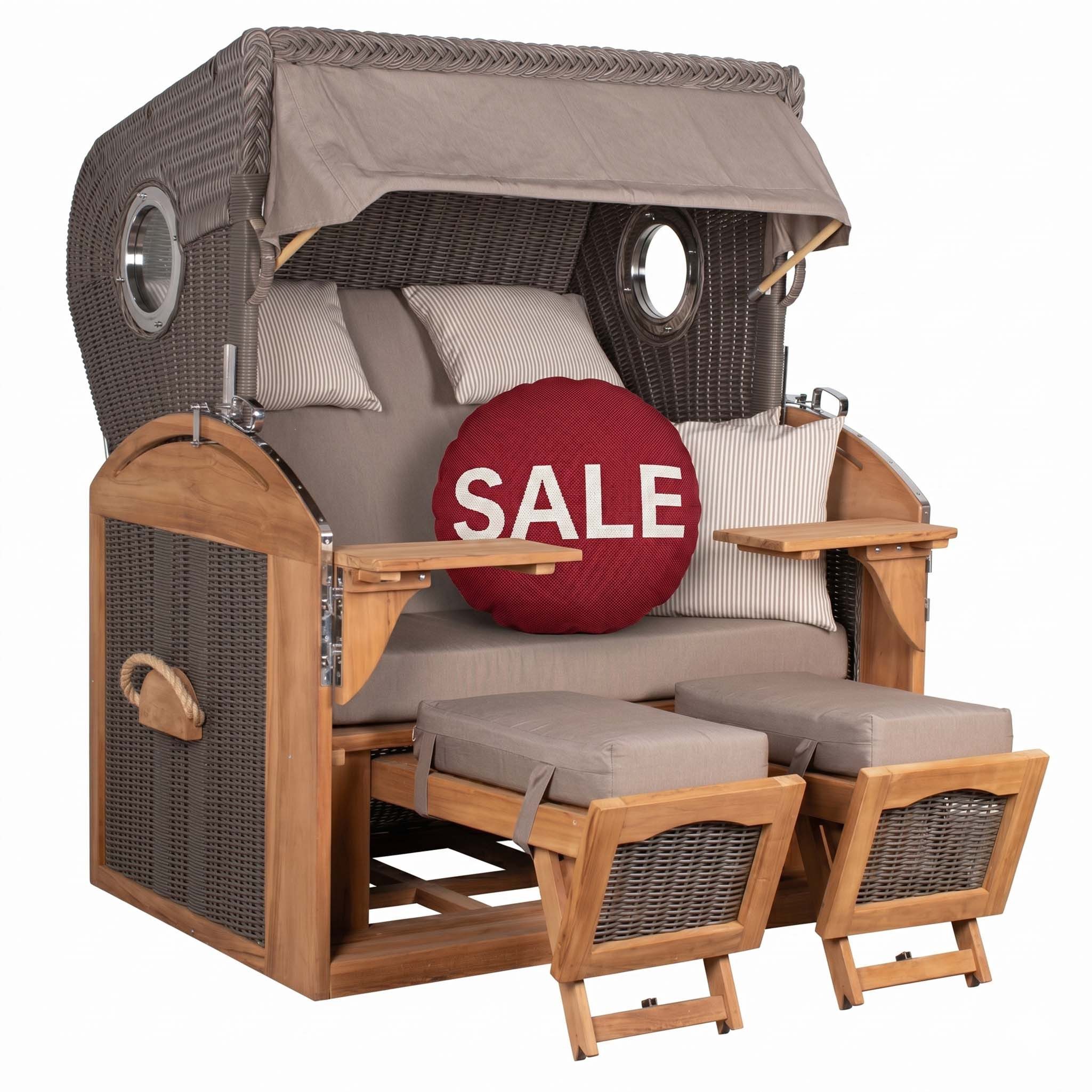MR.DEKO Strandkorb XL Schillig Volllieger Teak PE Grey 2,5-Sitzer Bullauge, BxTxH: 142x95x170 cm, Vollieger, Schillig XL, (bereits montiert, ideal für Garten, Terasse und großen Balkon, 1-tlg), 2,5 Sitzer Strandkorb XL, Vollieger verstellbar