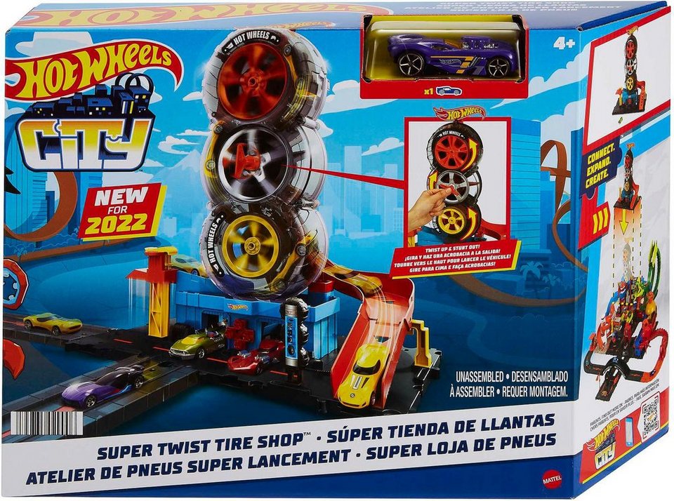 Hot Wheels Spiel-Parkhaus City Super Reifen Shop, inklusive 1  Spielzeugauto, Lässt sich mit anderen Hot Wheels Tracksets verbinden