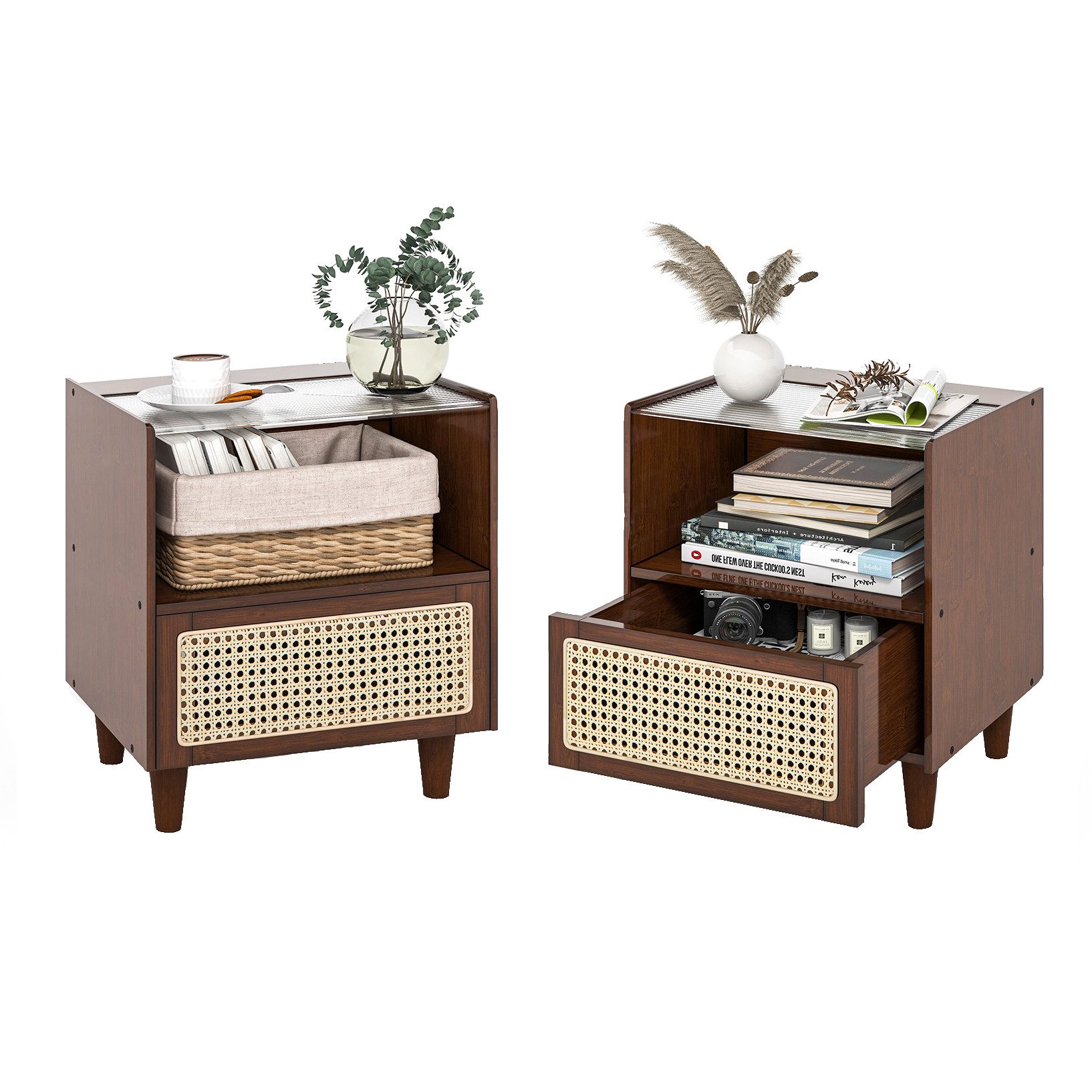 COSTWAY Nachttisch (2-St), mit Schublade und Glastischplatte, aus Bambus & günstig online kaufen