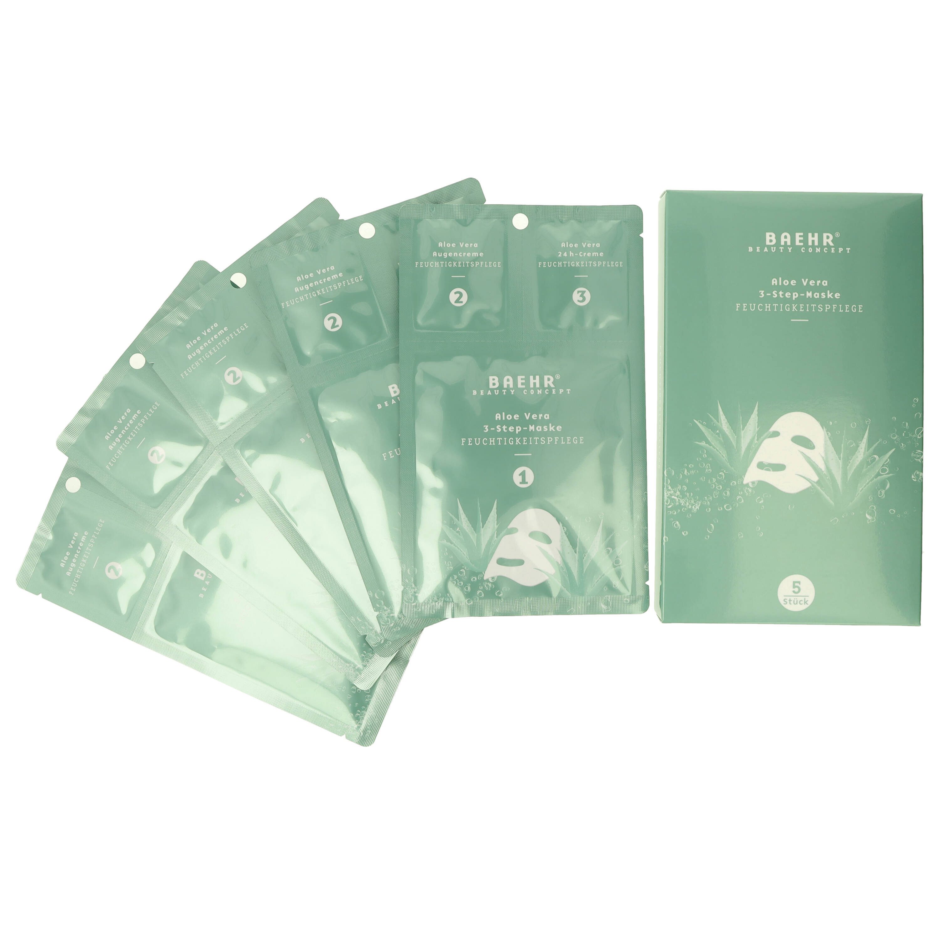 BAEHR BEAUTY CONCEPT Gesichtsmaske Baehr Beauty Concept Aloe Vera 3-Step-Masken 5 Stück Hydratisierend & regenerierend, 3-tlg., Sachets mit Maske, Augencreme und 24h-Creme