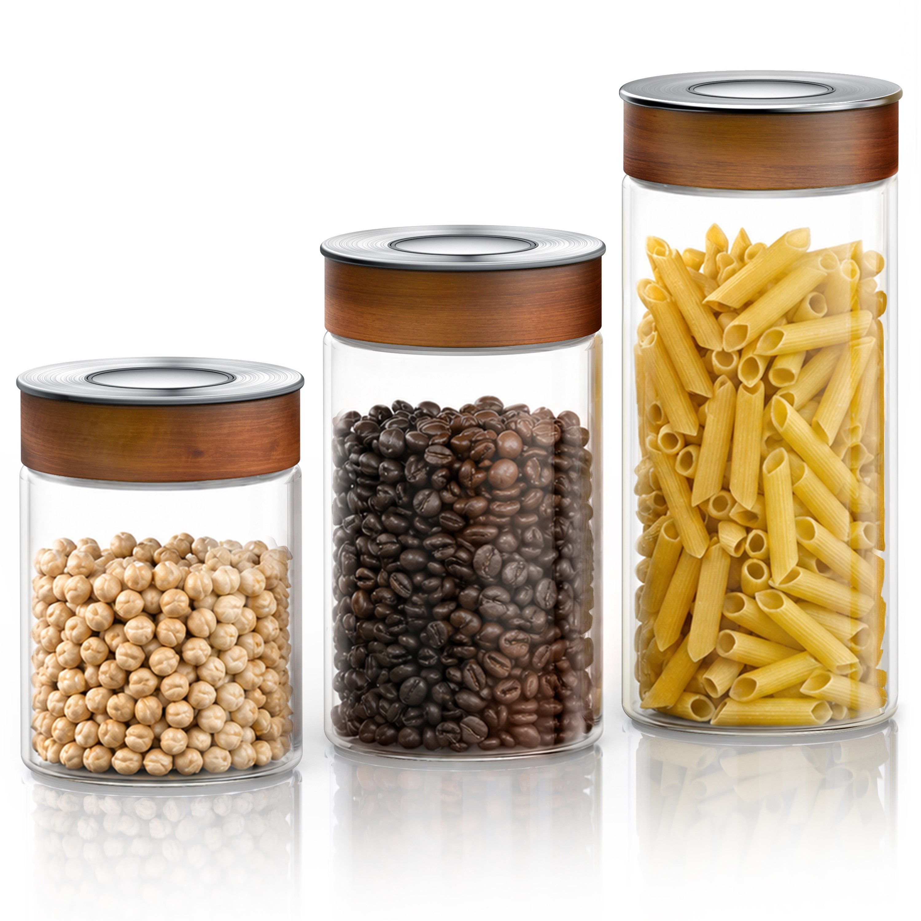 Arendo Vorratsglas mit Klickdeckel, luftdicht, Akazienholz-Ring, Borosilikatglas, (Set, 3-tlg., 750 / 1000 / 1300 ml), Vorratsdosen mit Deckel für Kaffee, Tee und Müsli